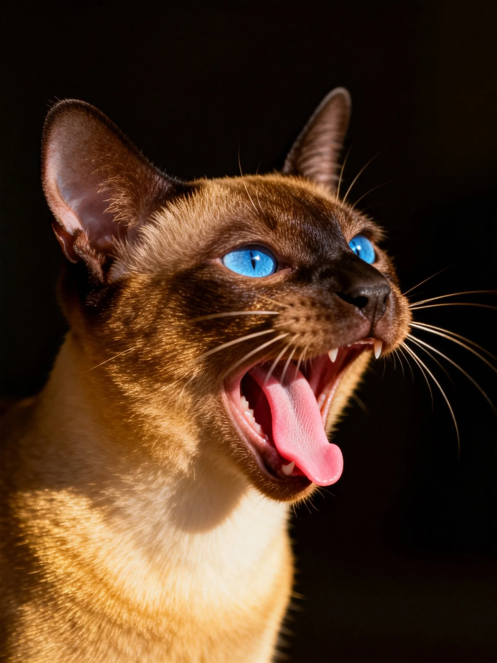 A Siamese cat with bright blue eyes yawns widely in a dark setting.