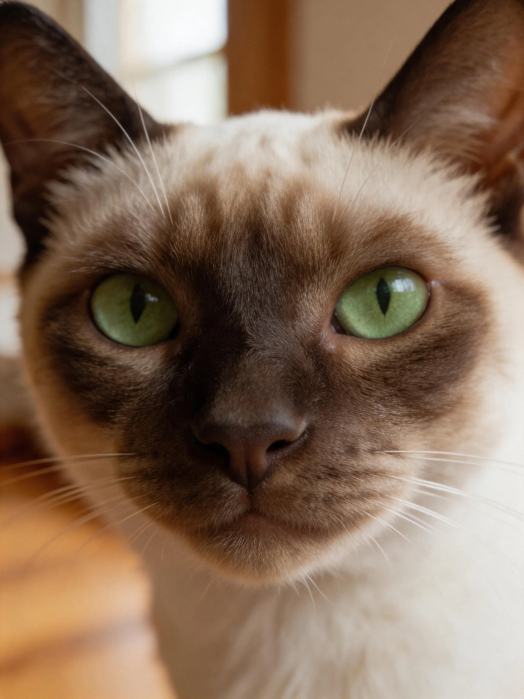 A close-up view of a Siamese cat displaying its green eyes and characteristic fur markings.