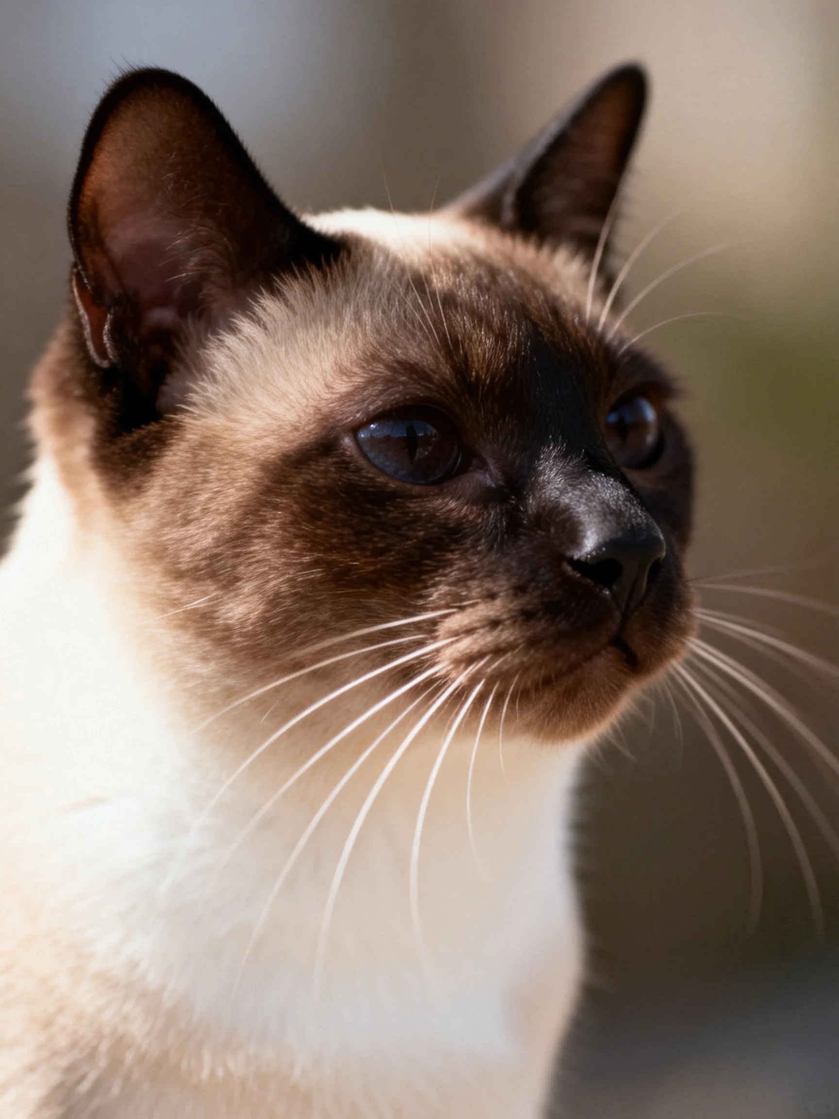 A Siamese cat with brown and cream fur gazes attentively off - camera.