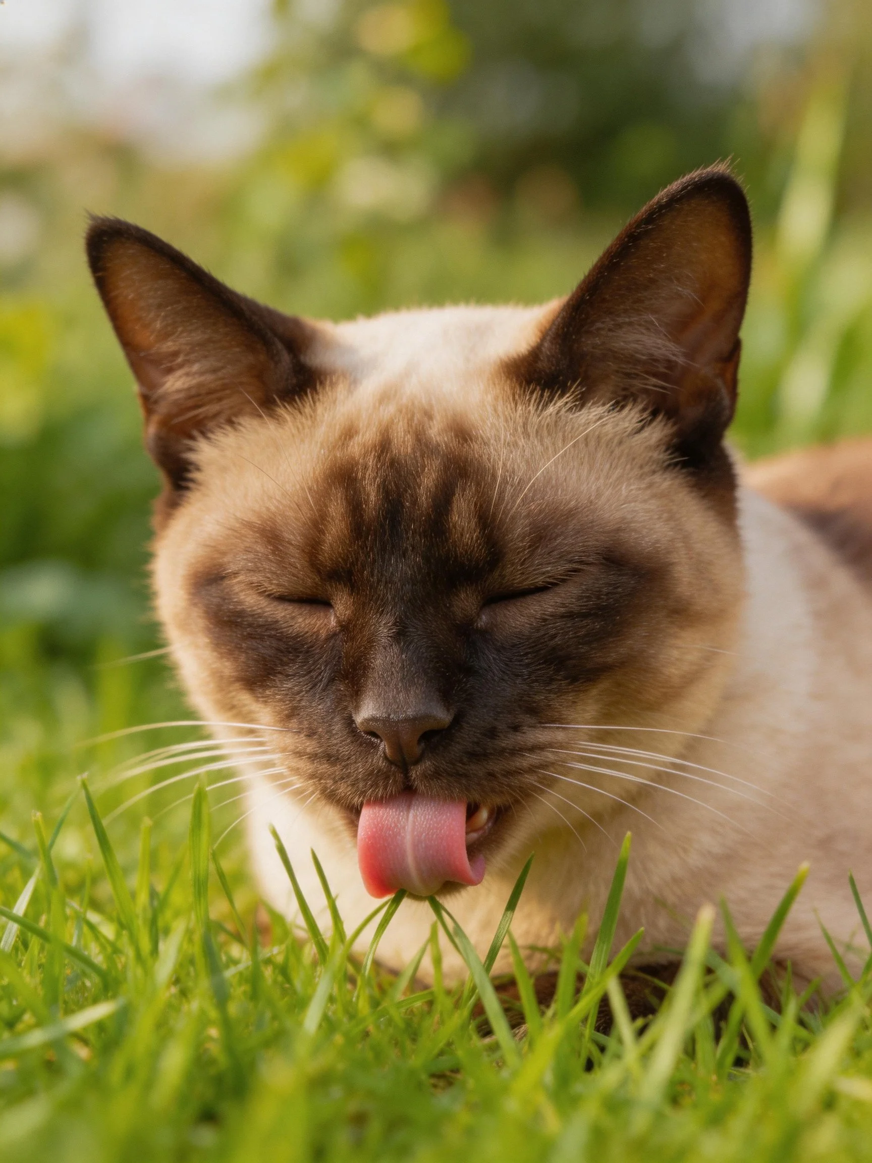A Siamese cat relaxes on green grass with eyes closed and tongue out.