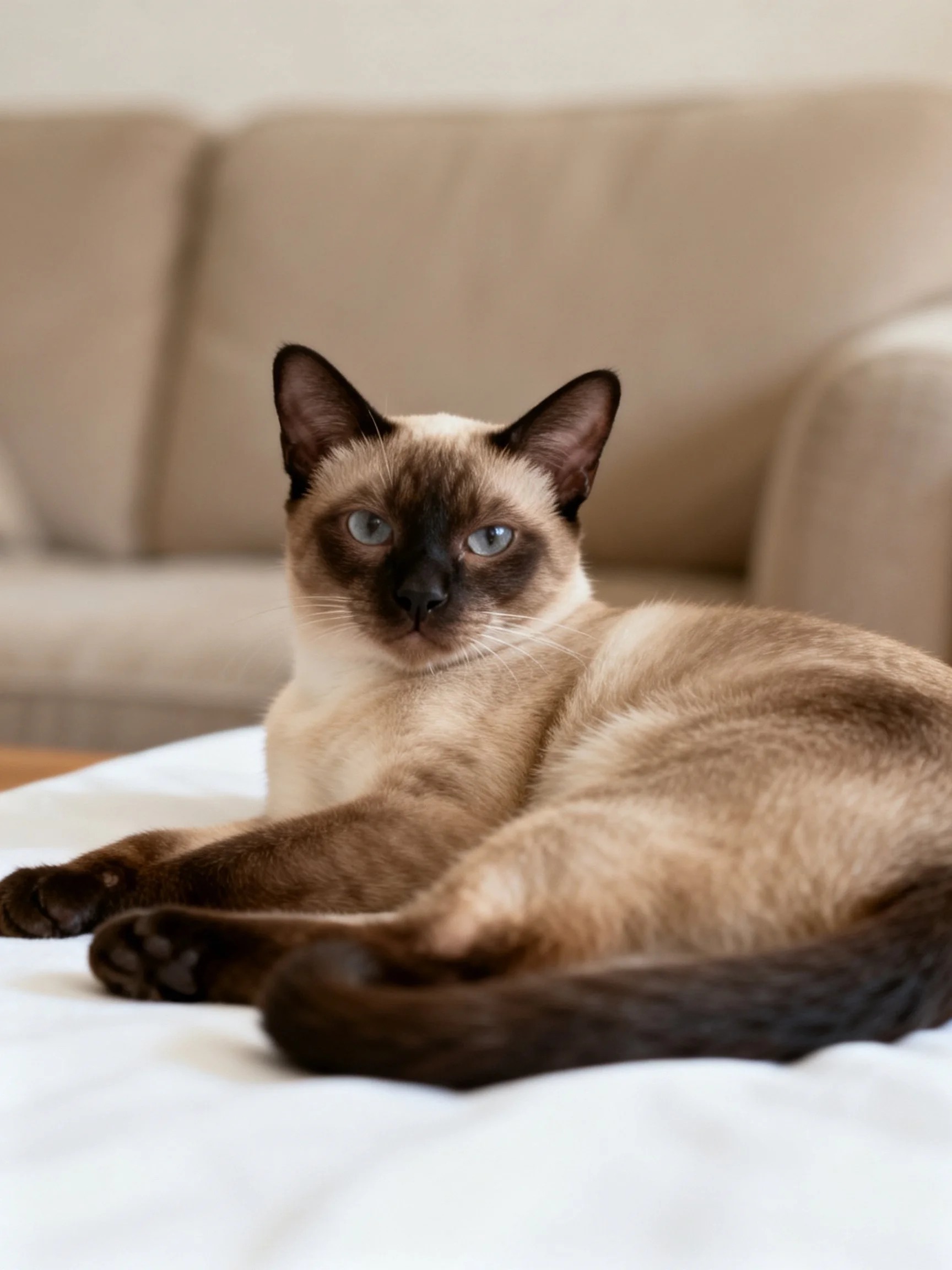 A Siamese cat with brown and cream coloring rests on a white surface near a beige couch.