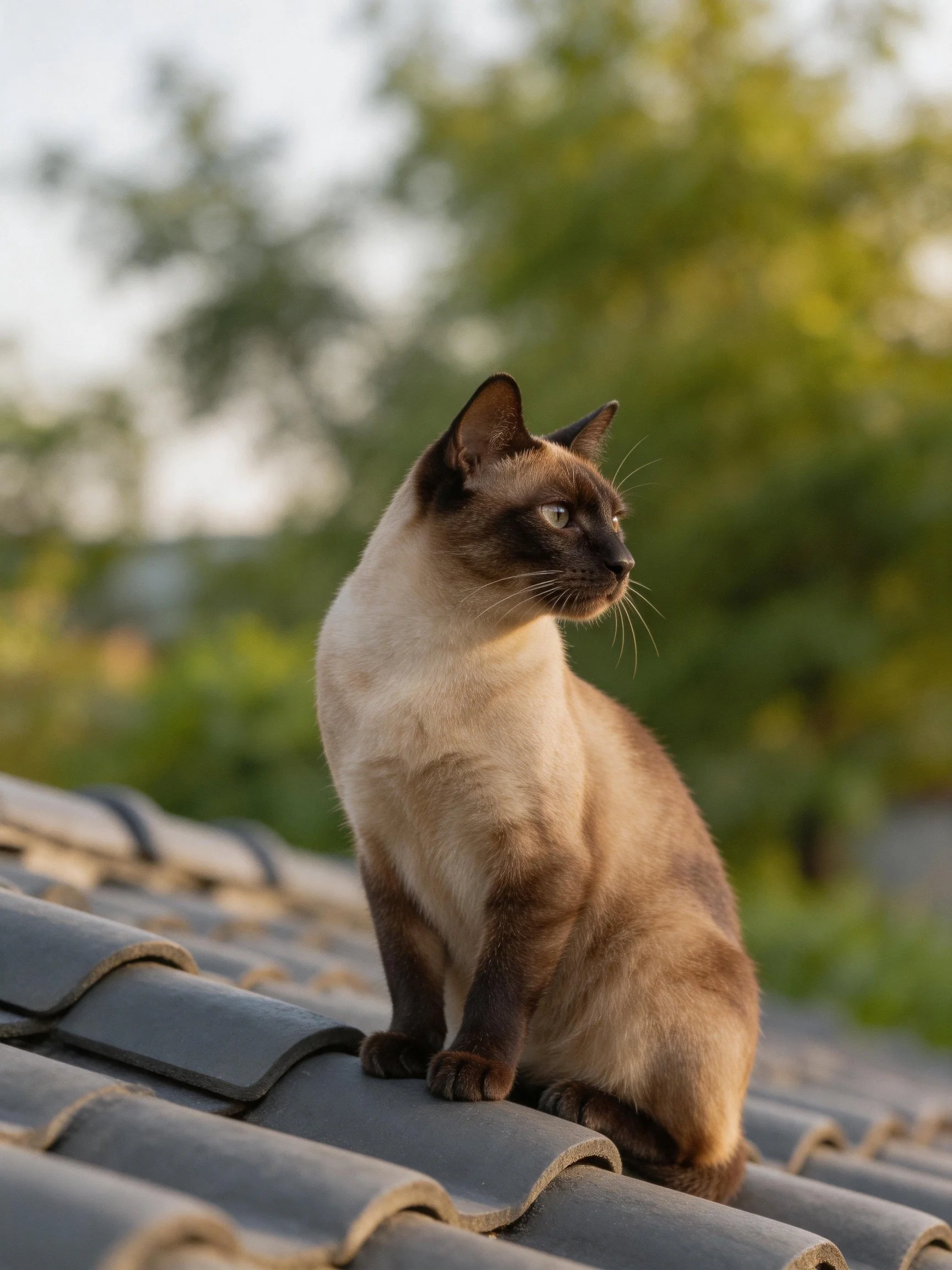 A Siamese cat sits attentively on a tiled roof near green foliage