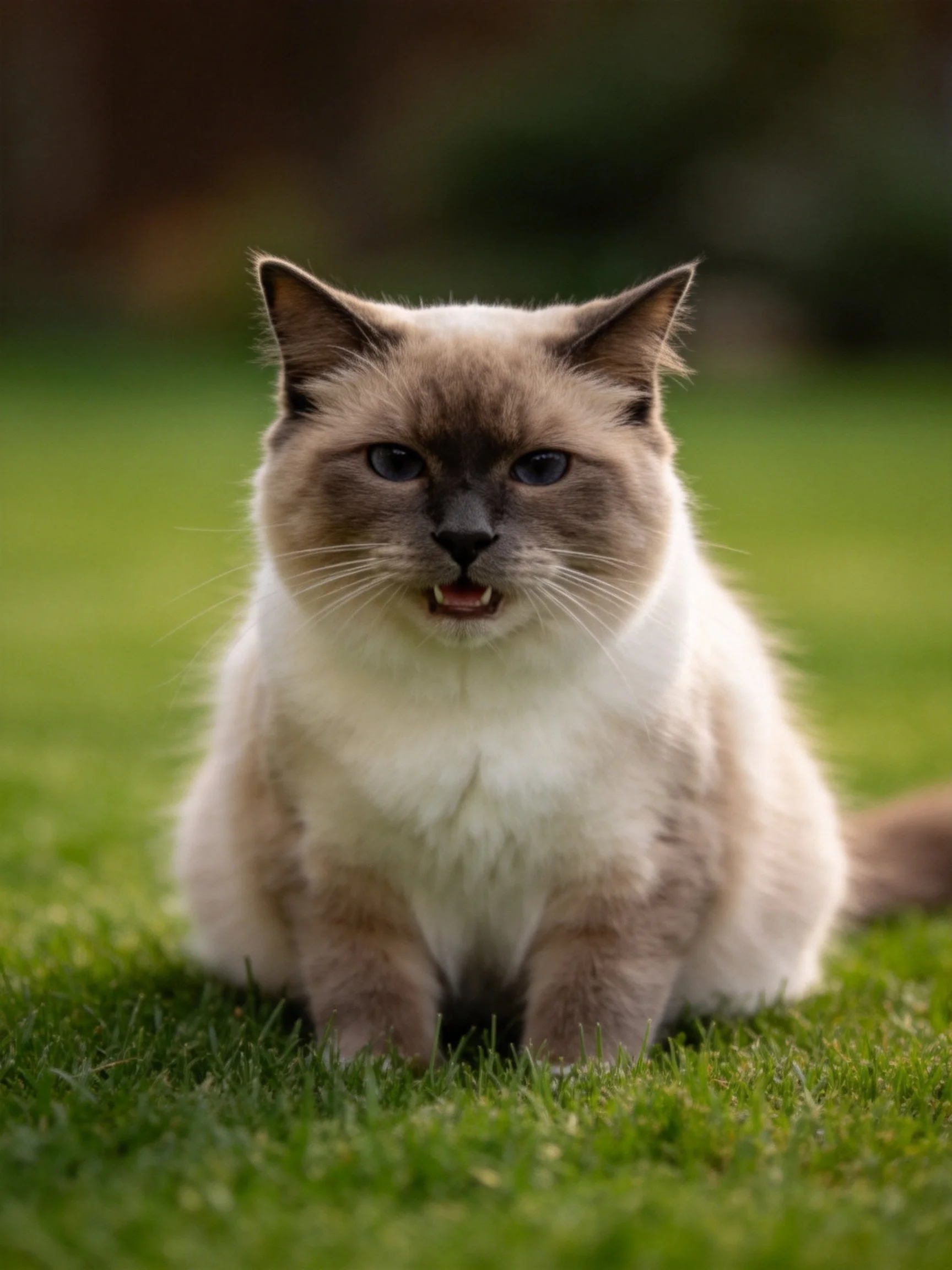 A Siamese cat with brown and white fur sitting on green grass