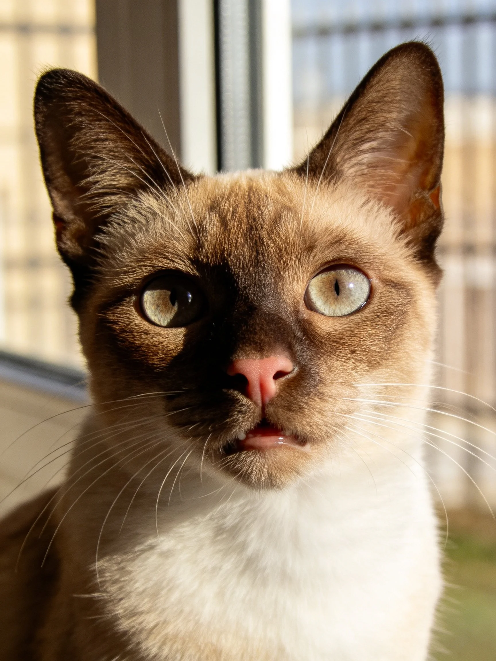 A Siamese cat with brown facial markings, white chest, and blue-green eyes