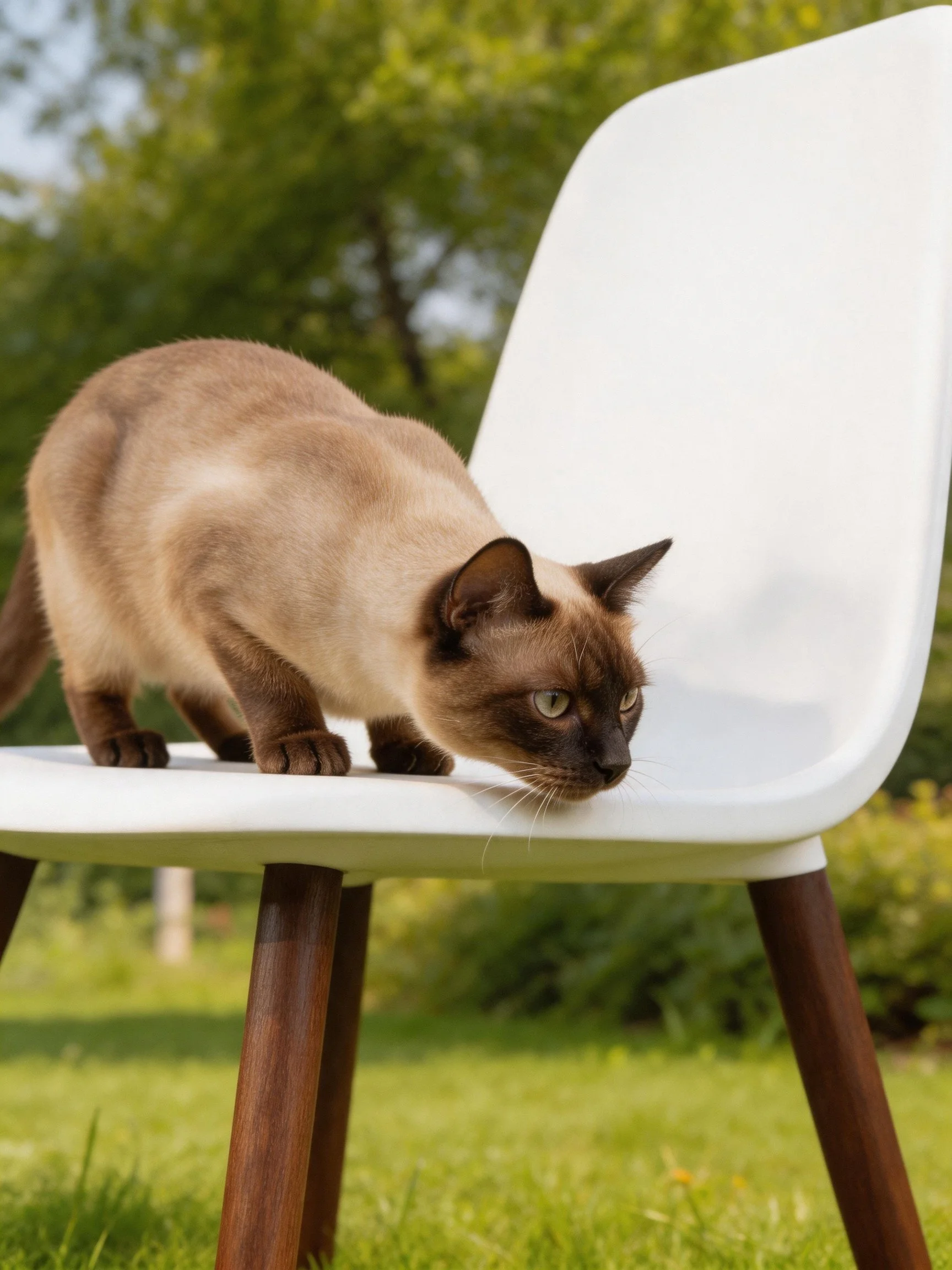 A Siamese cat with cream and brown fur on a white plastic chair outdoors