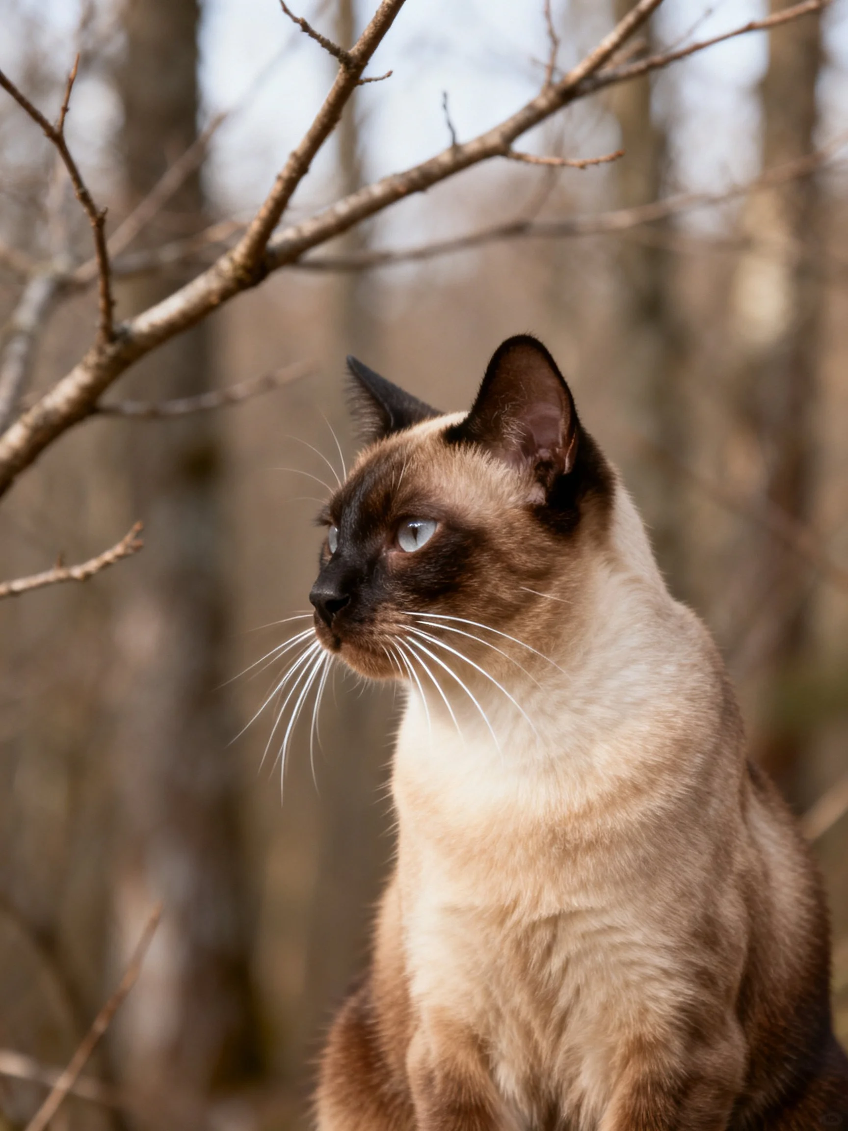 A Siamese cat with cream and brown fur sits near bare tree branches outdoors.