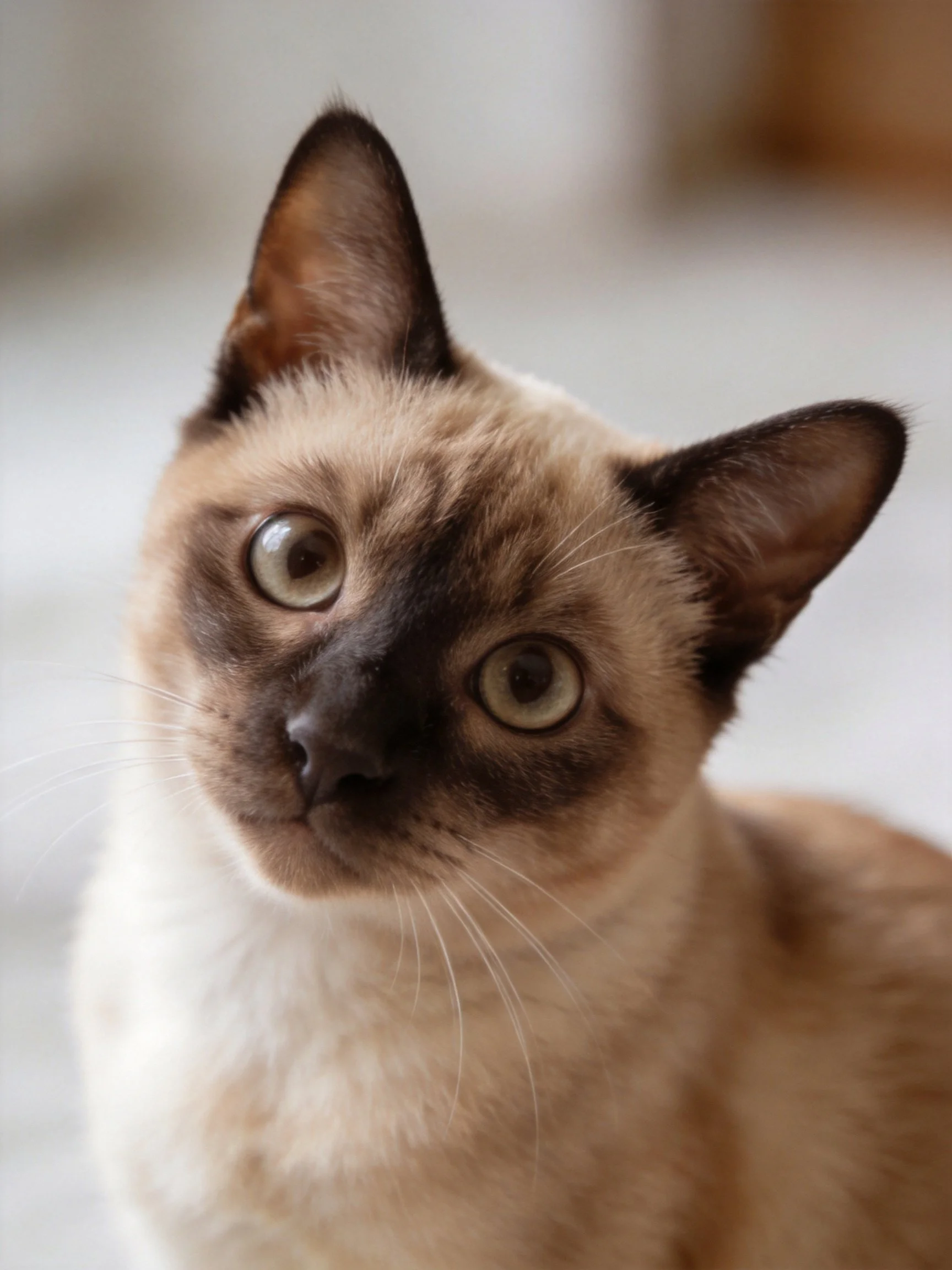 A Siamese cat with cream and dark brown fur, large green eyes