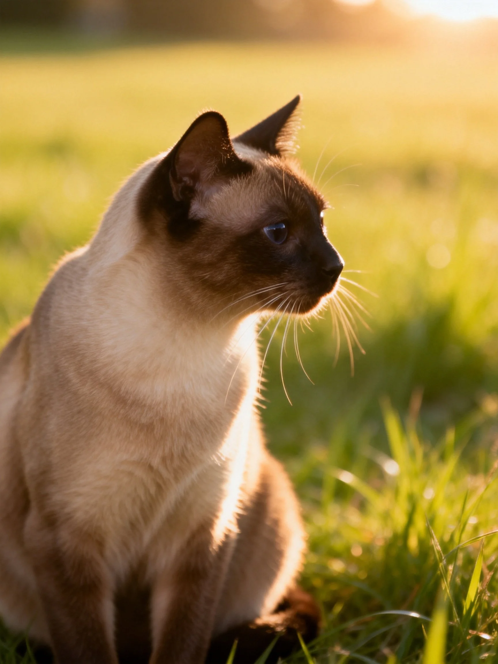 A Siamese cat with cream and dark brown fur sits on sunlit grass
