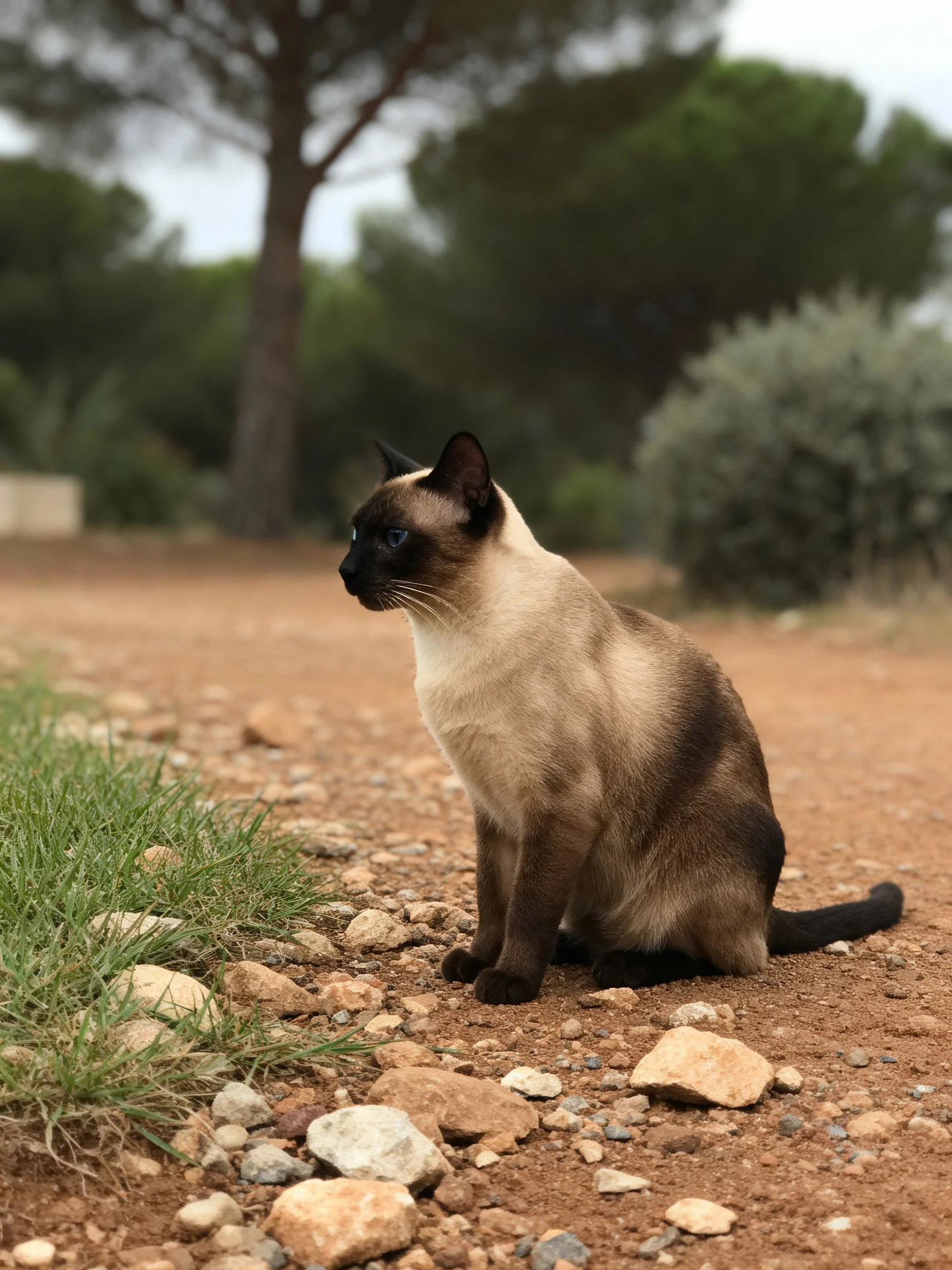 A Siamese cat with cream and dark fur sits on a rocky dirt path