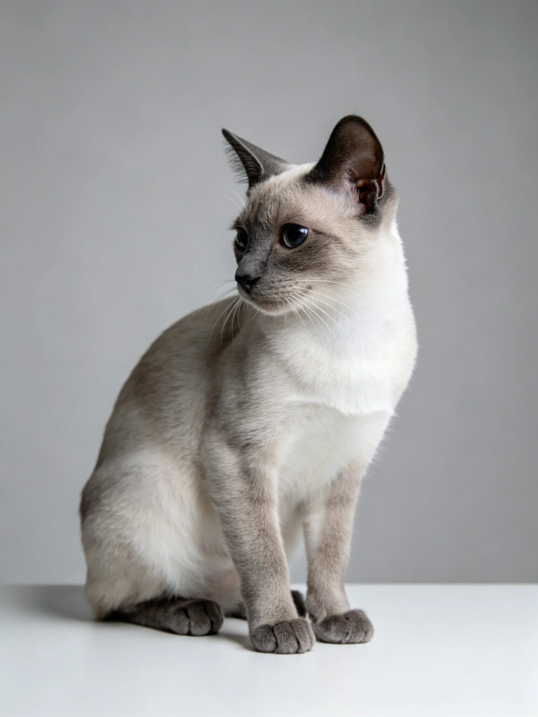 A Siamese cat with cream and gray fur sits attentively