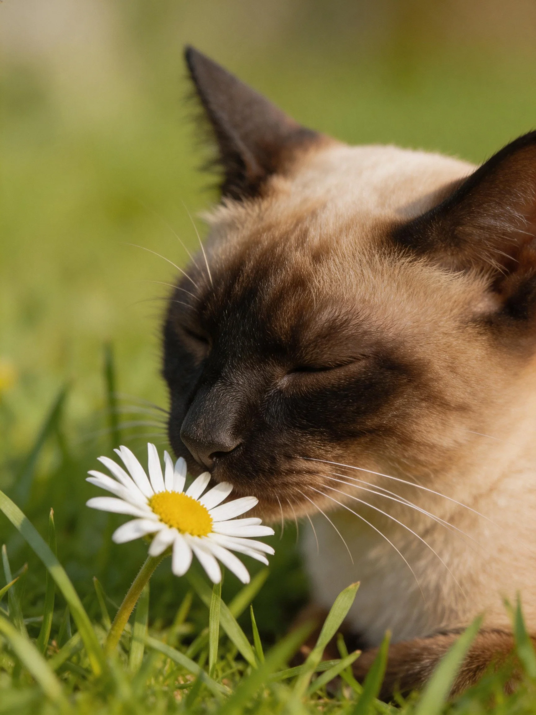 A Siamese cat with dark brown markings sniffs a white daisy in lush green grass