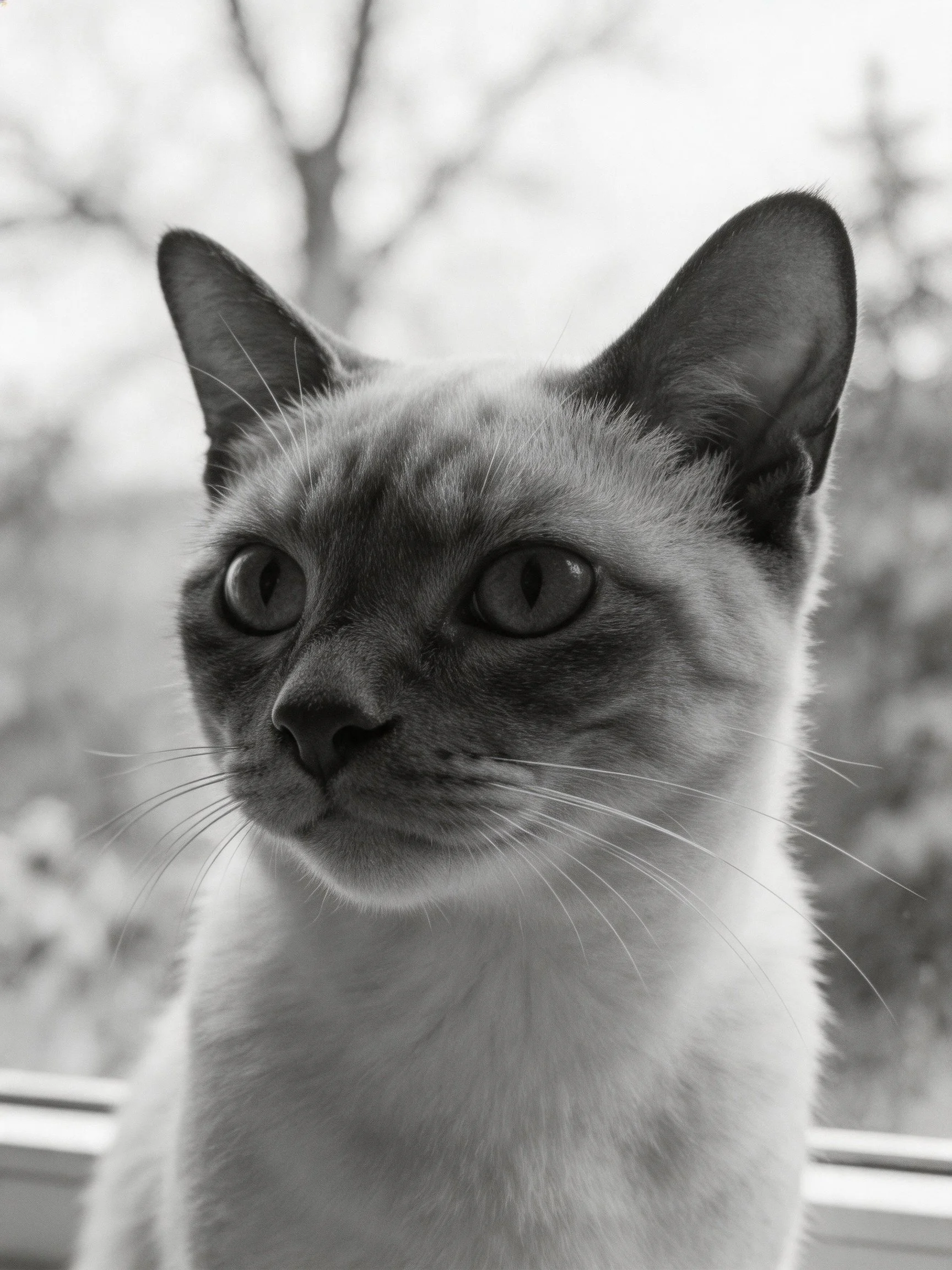 A Siamese cat with dark facial markings by a window