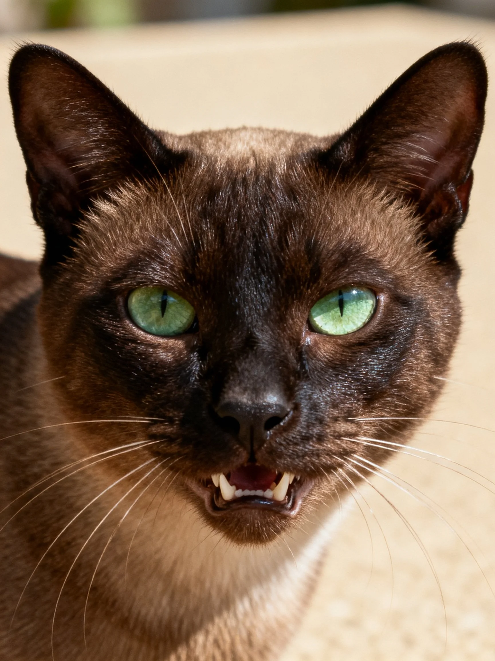A Siamese cat with emerald eyes and dark brown fur