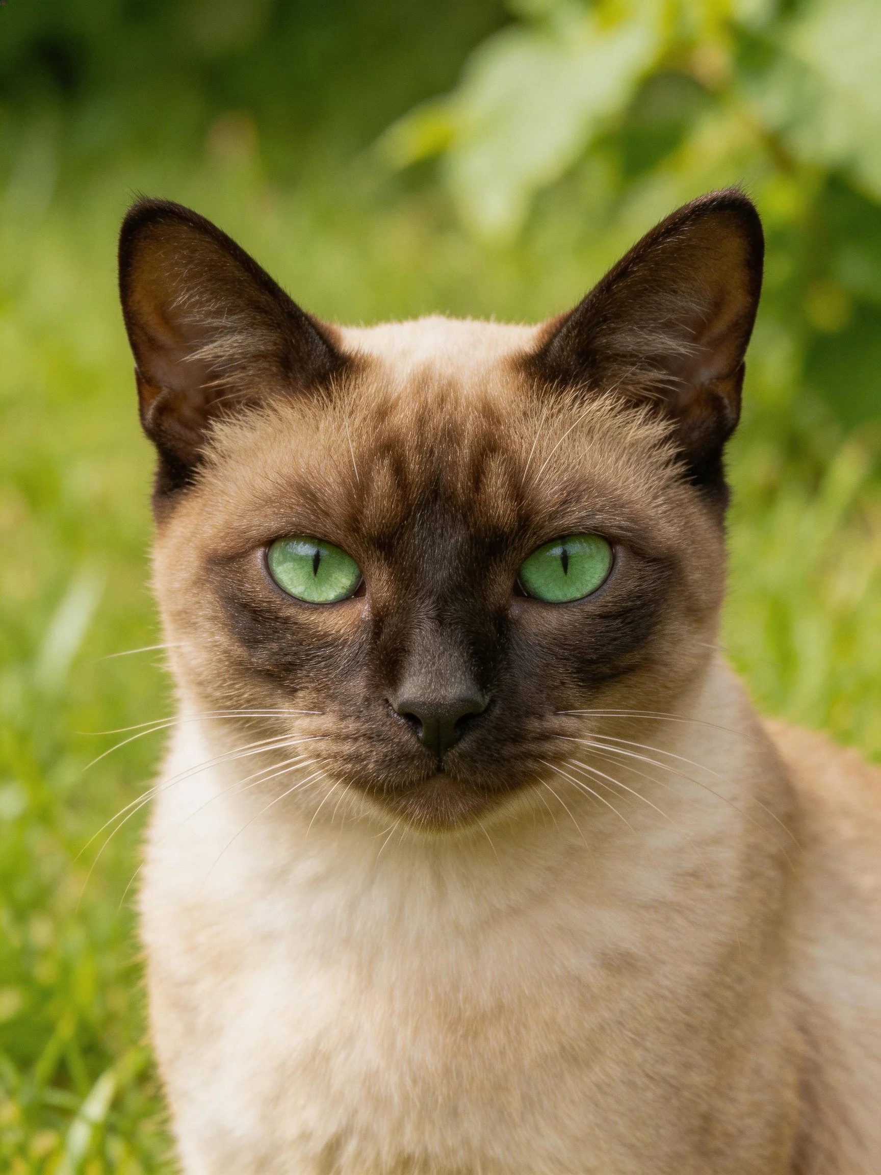 A Siamese cat with green eyes sits near green vegetation.