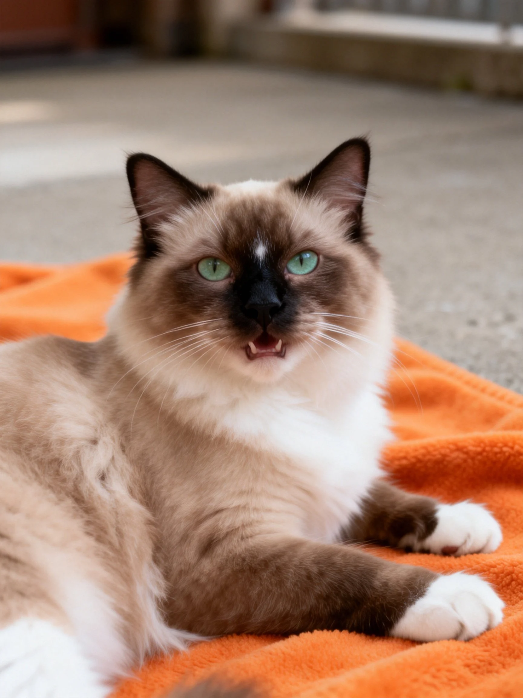 A Siamese cat with green eyes rests on a bright orange blanket outdoors