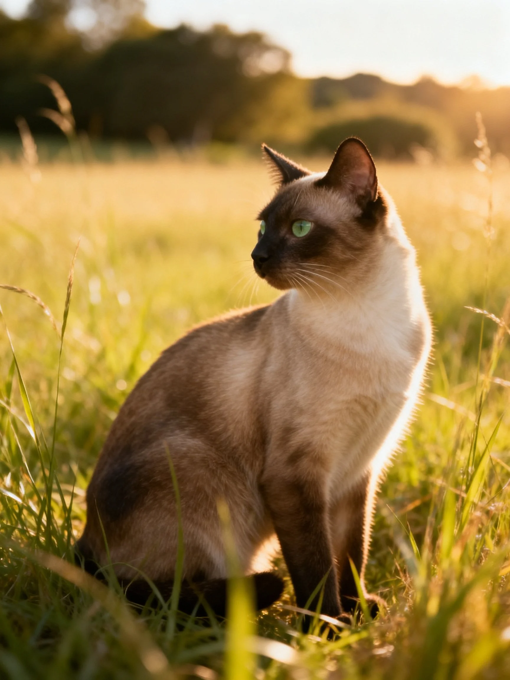 A Siamese cat with green eyes sits in golden grass under sunlight