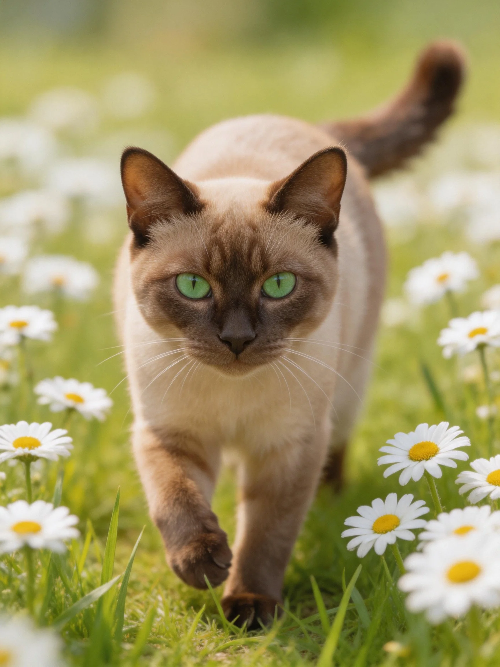 A Siamese cat with green eyes walking through daisy-filled grass