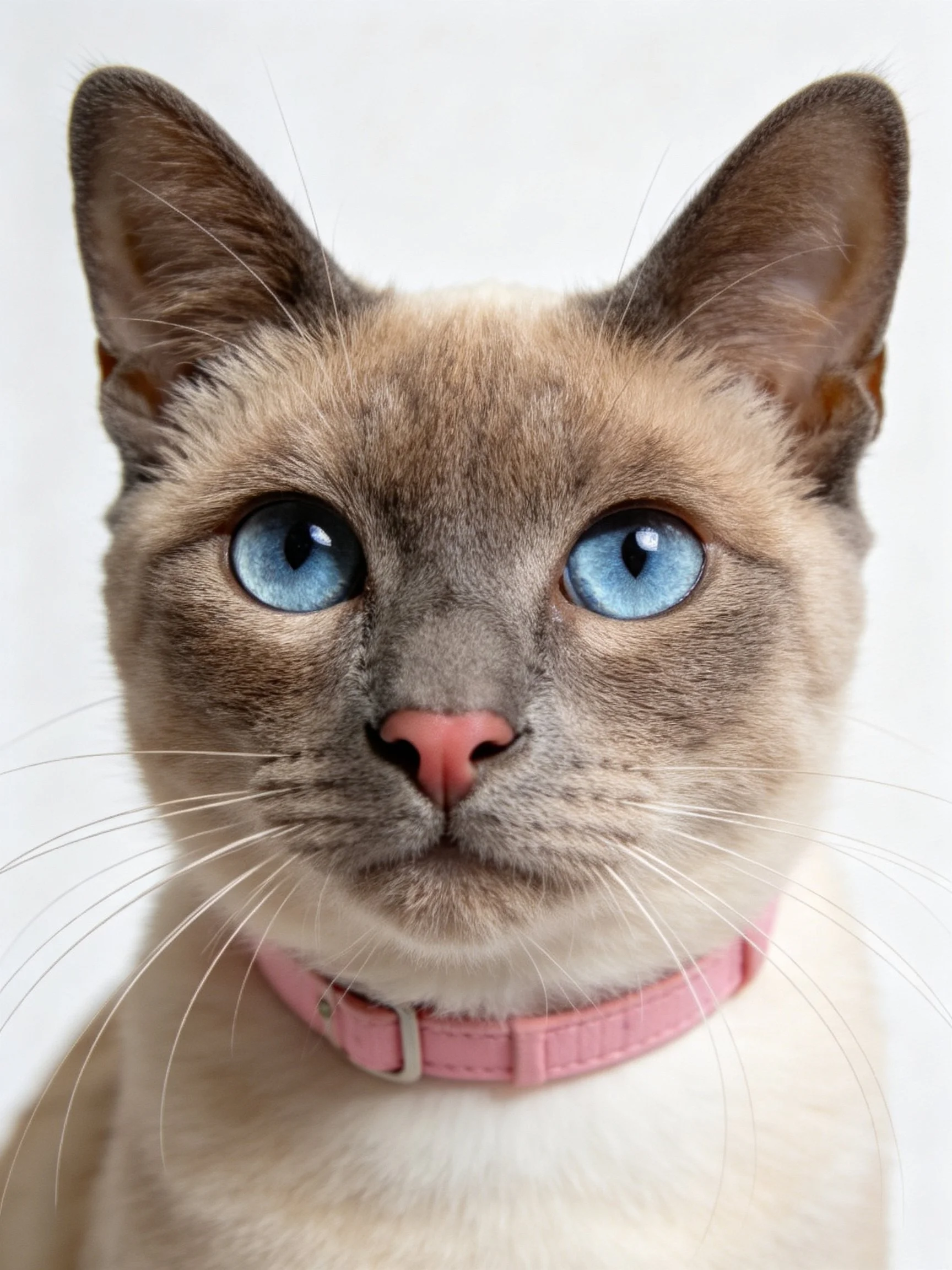 A Siamese cat with striking blue eyes and a pink collar