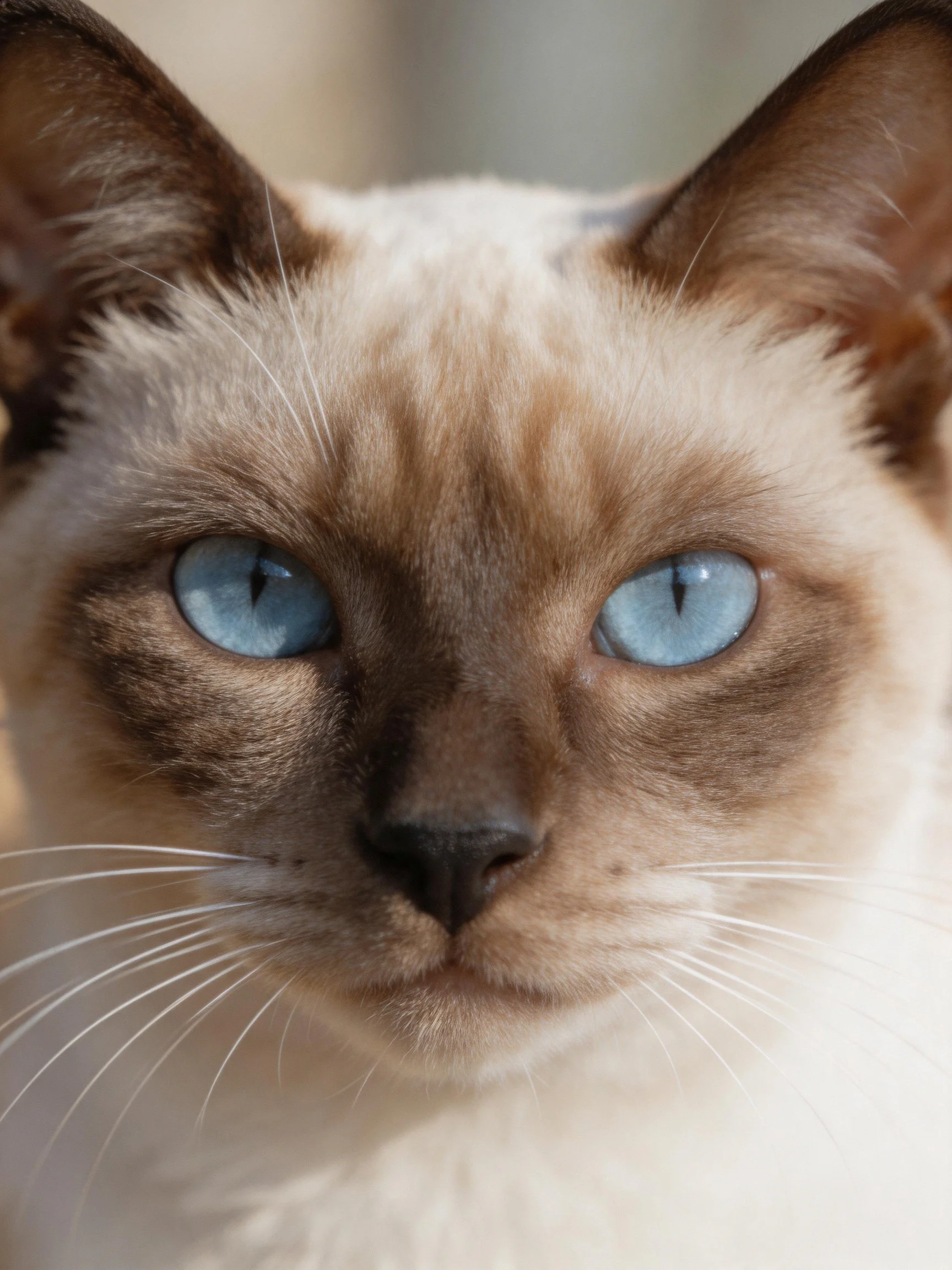 A Siamese cat with striking blue eyes and brown-tinted fur