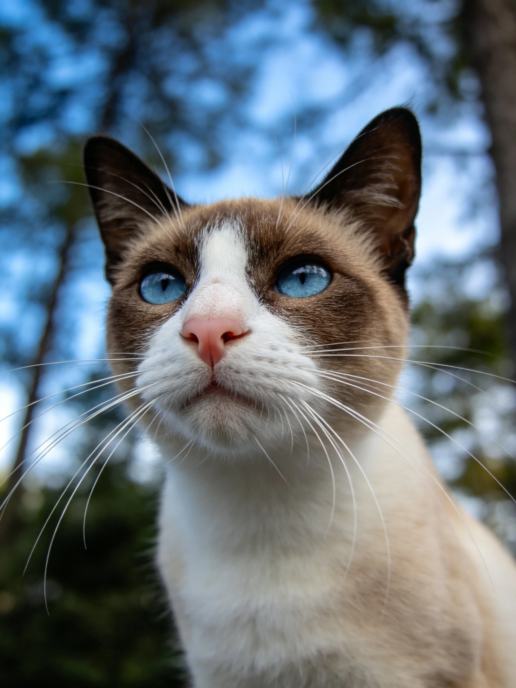 A Siamese cat with striking blue eyes and brown - white fur in nature