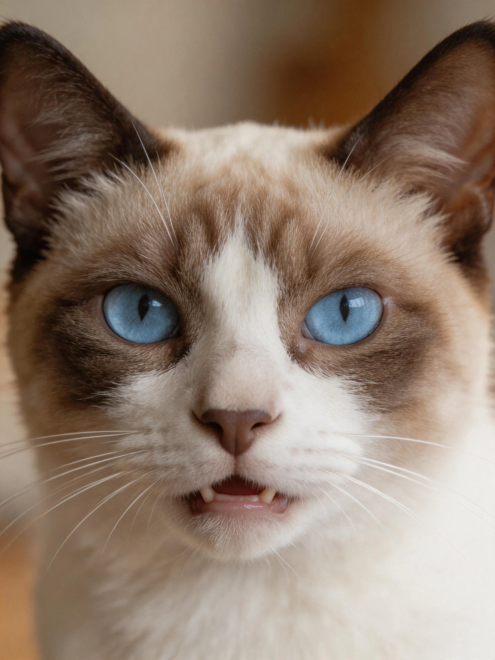 A Siamese cat with striking blue eyes and brown-white fur