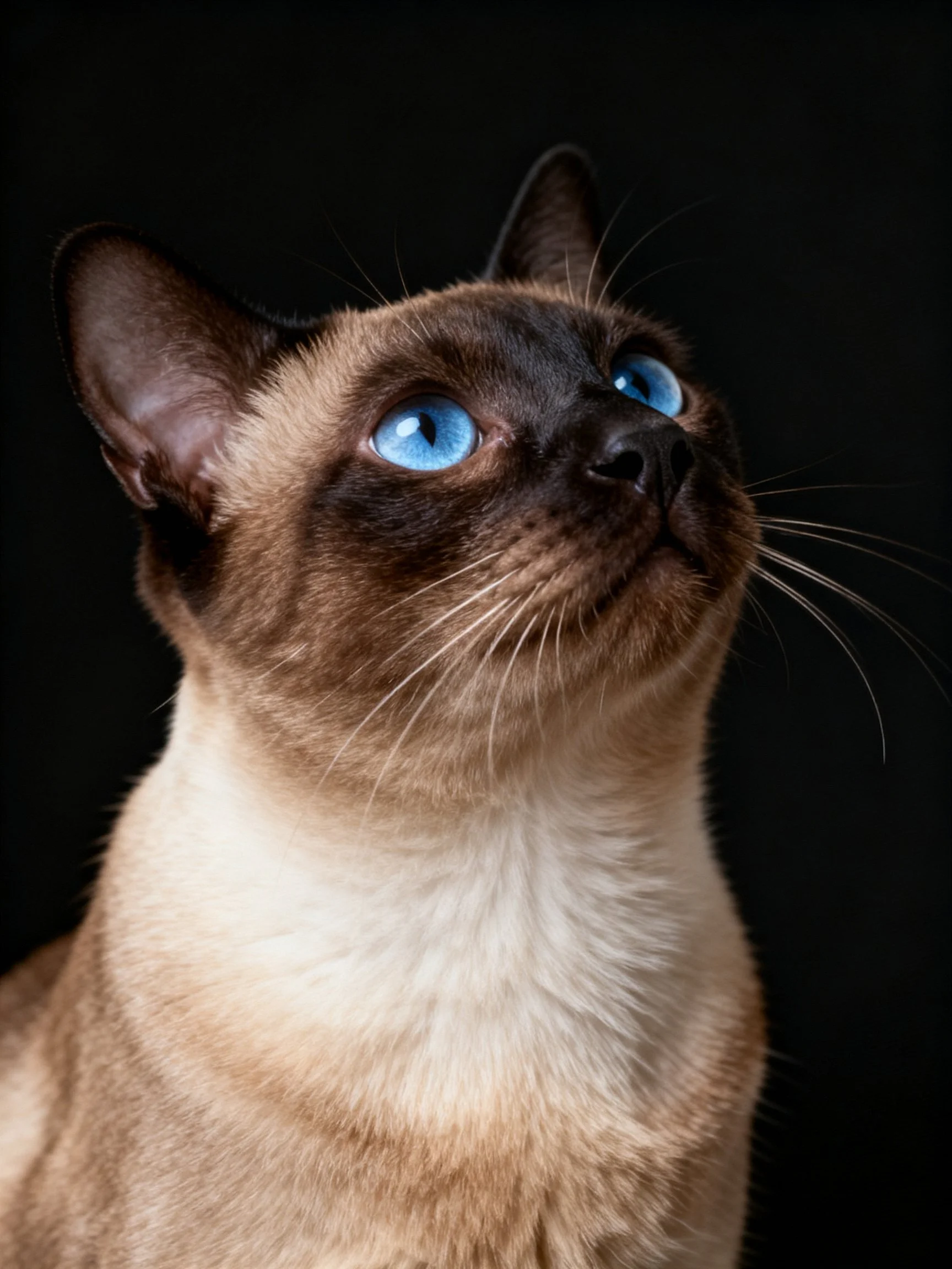 A Siamese cat with striking blue eyes and cream-brown fur