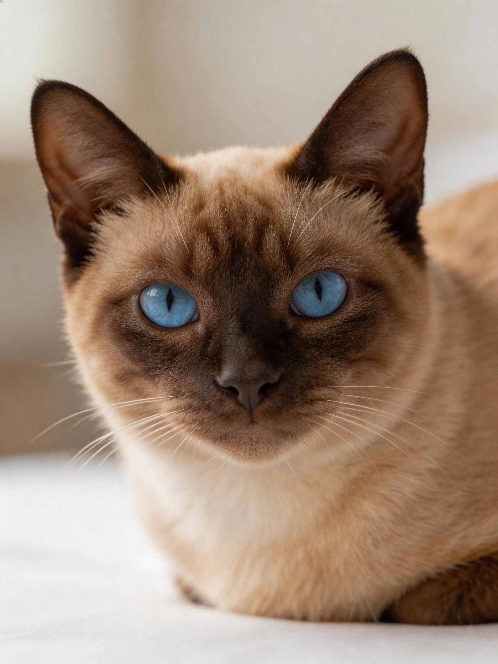 A Siamese cat with striking blue eyes and cream-brown fur