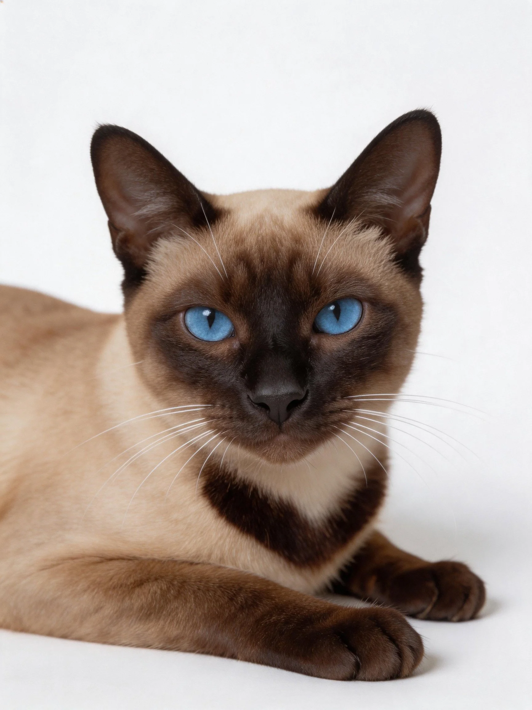 A Siamese cat with striking blue eyes and dark brown markings