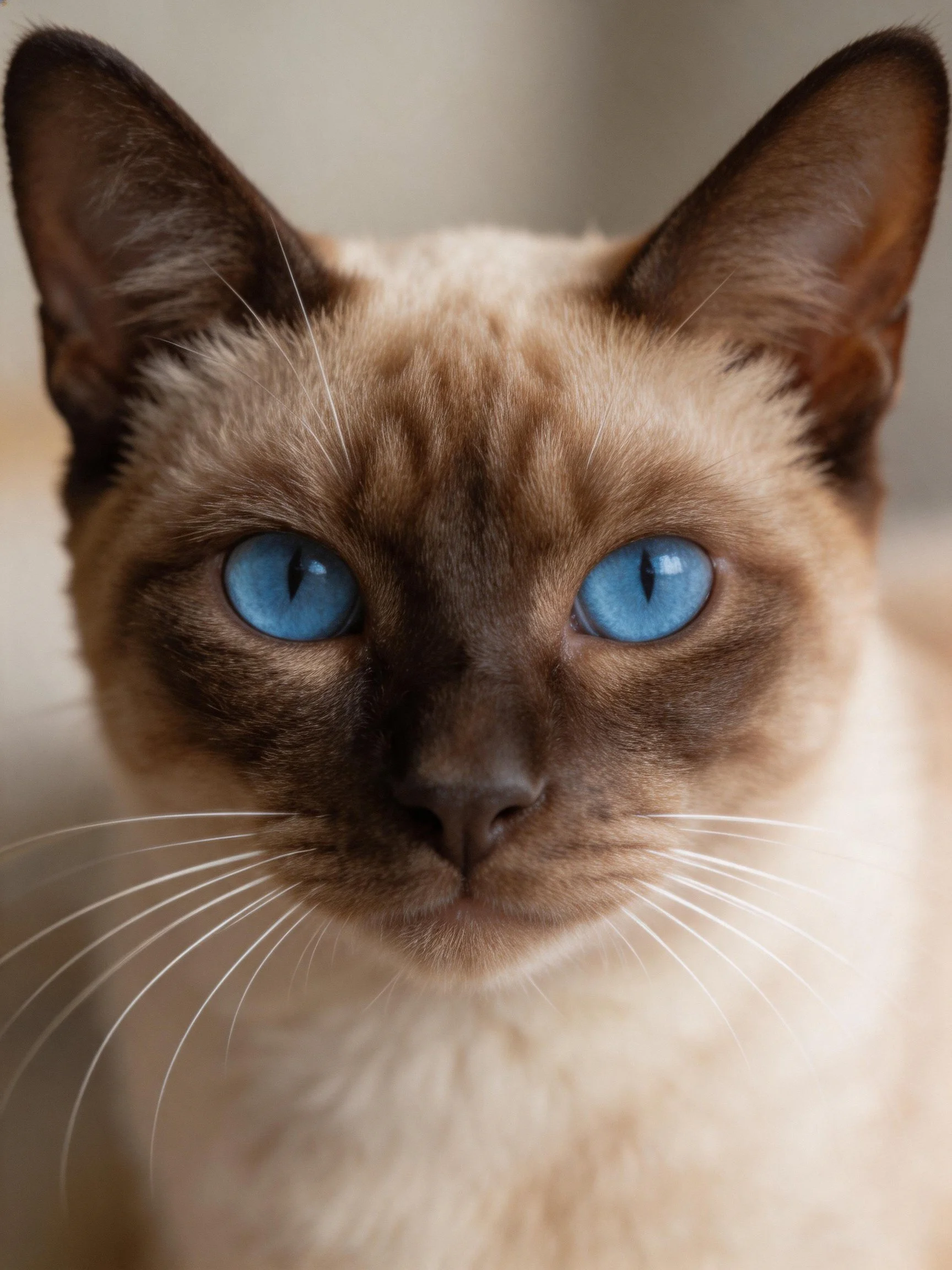 A Siamese cat with striking blue eyes and dark brown markings