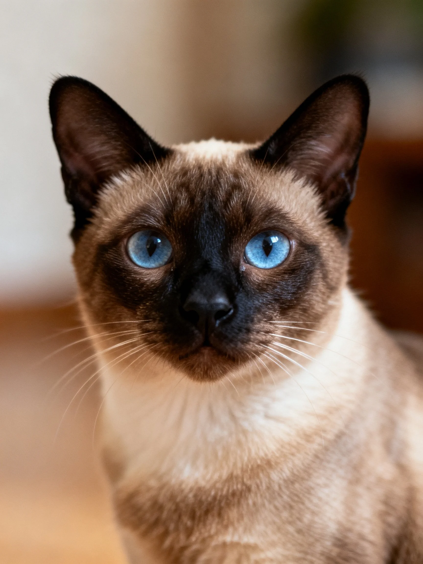 A Siamese cat with bright blue eyes looks directly at the viewer.