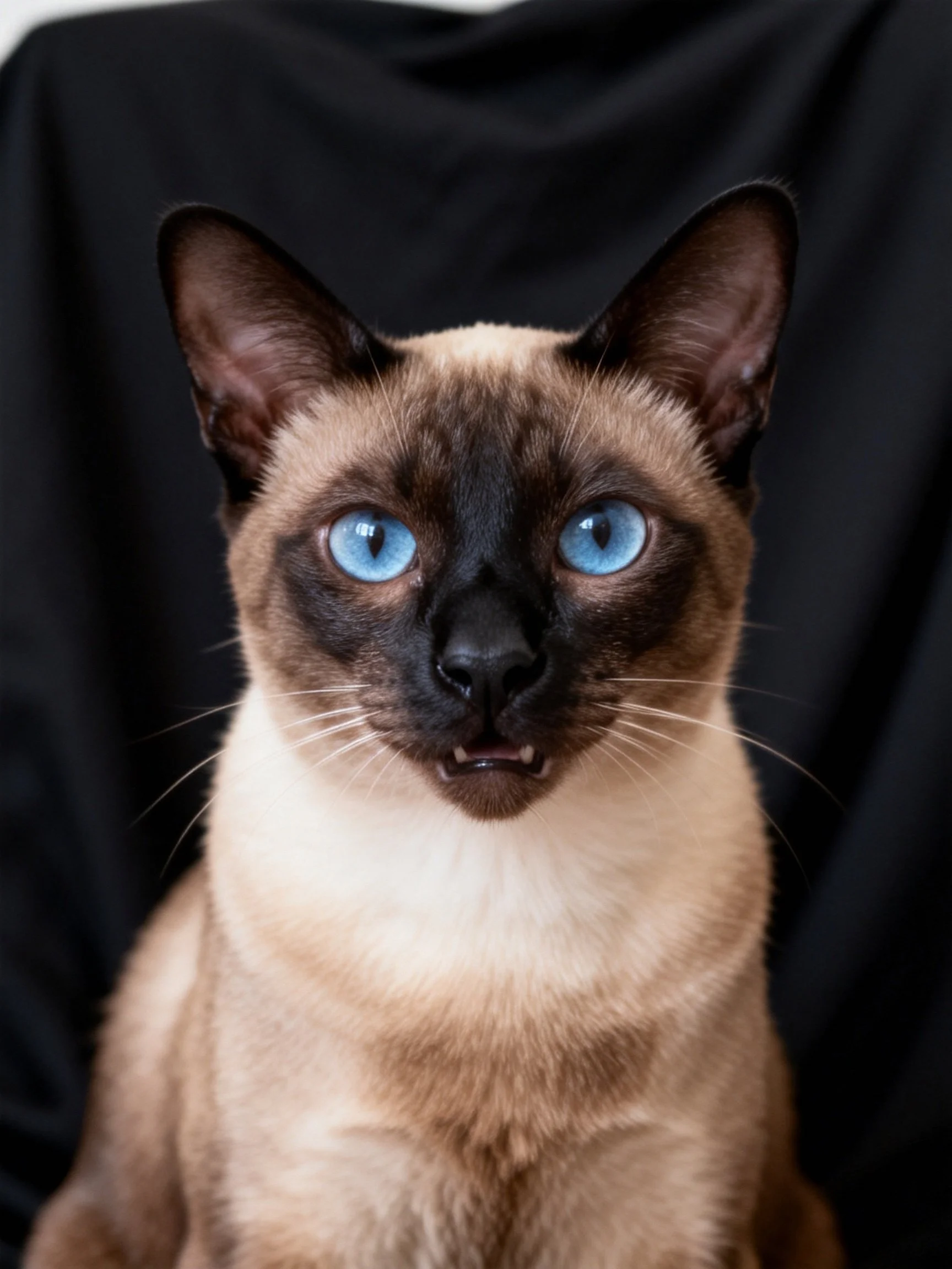 A Siamese cat with bright blue eyes is positioned against a black background.