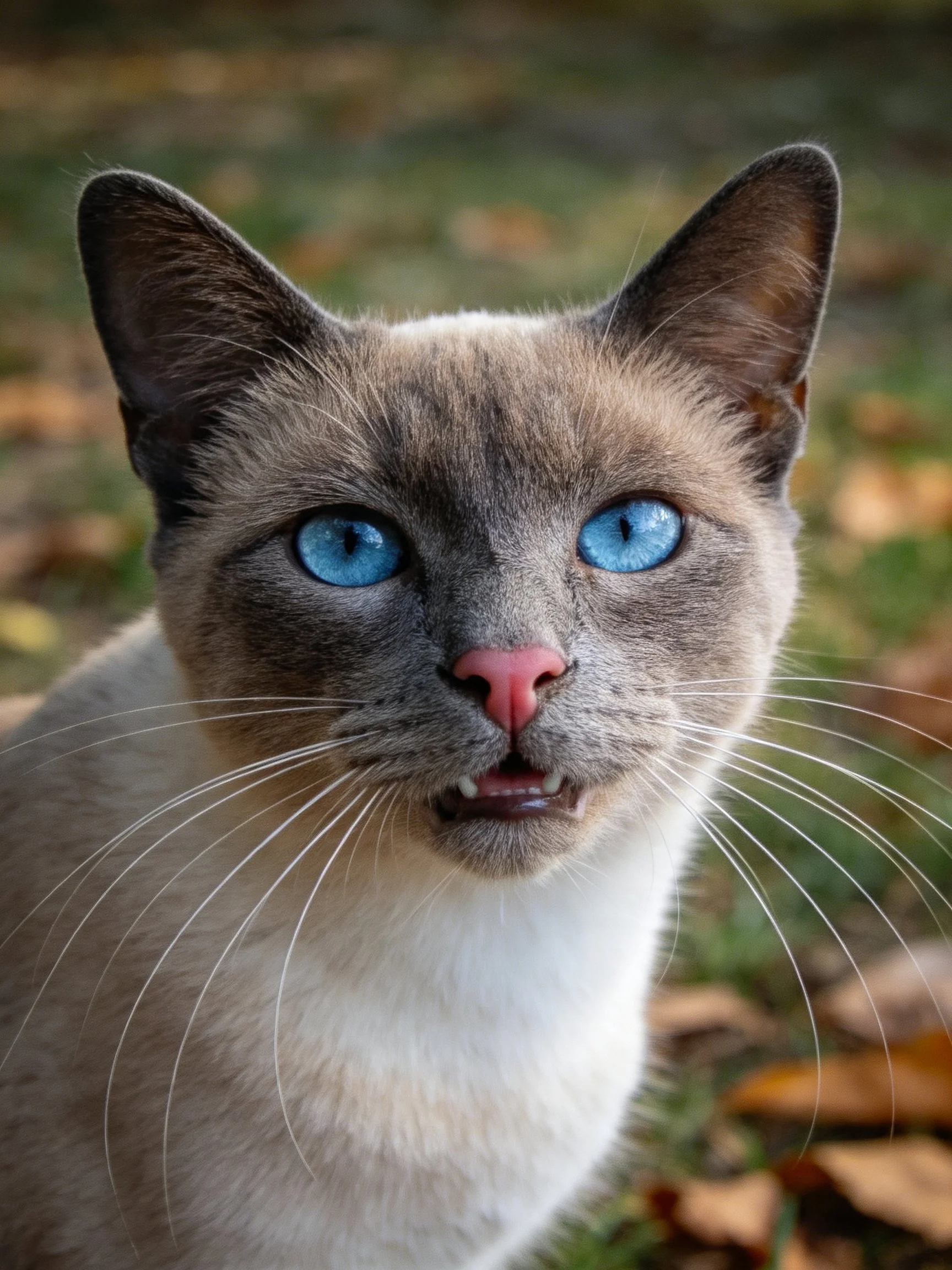 A Siamese cat with striking blue eyes and gray fur outdoors