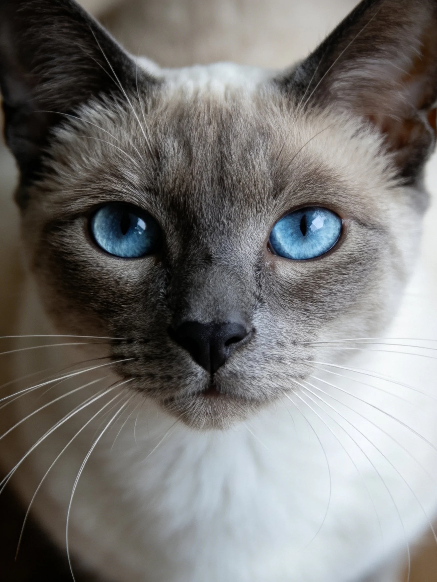 A close-up of a Siamese cat with bright blue eyes and gray-white fur.