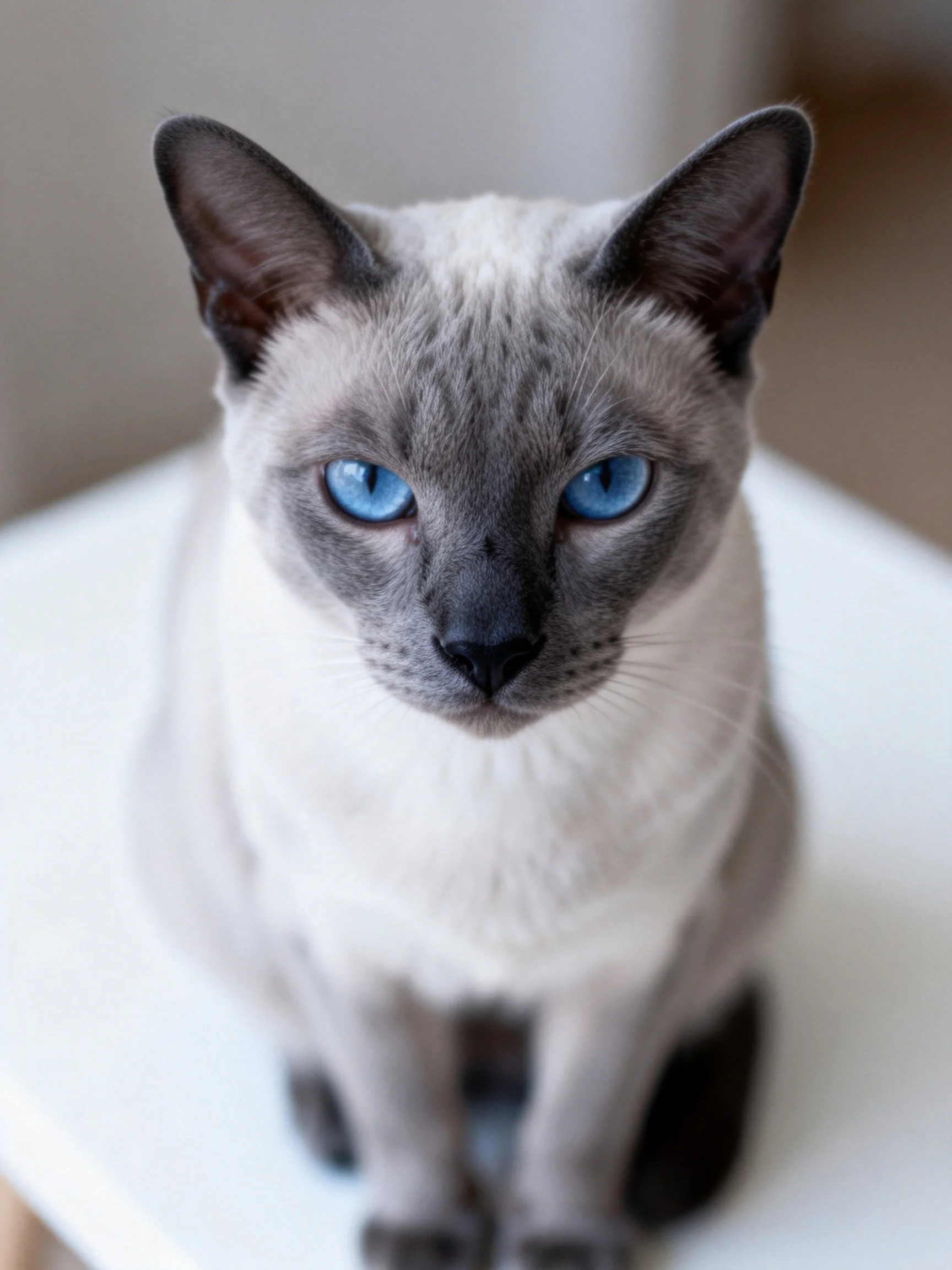 A Siamese cat with striking blue eyes and gray - white fur sitting upright