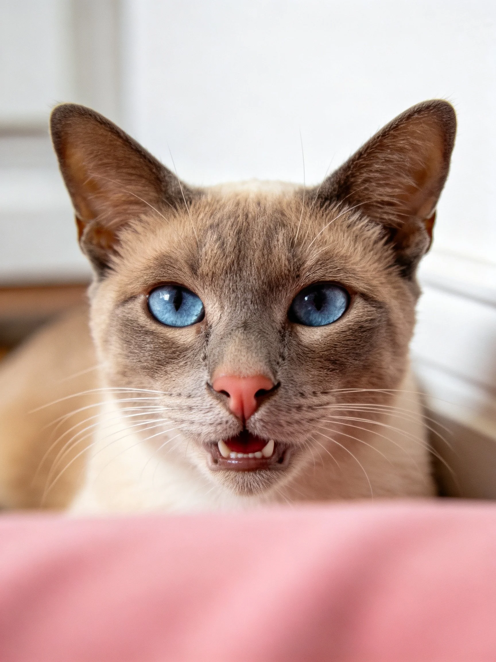 A Siamese cat with striking blue eyes and pink nose