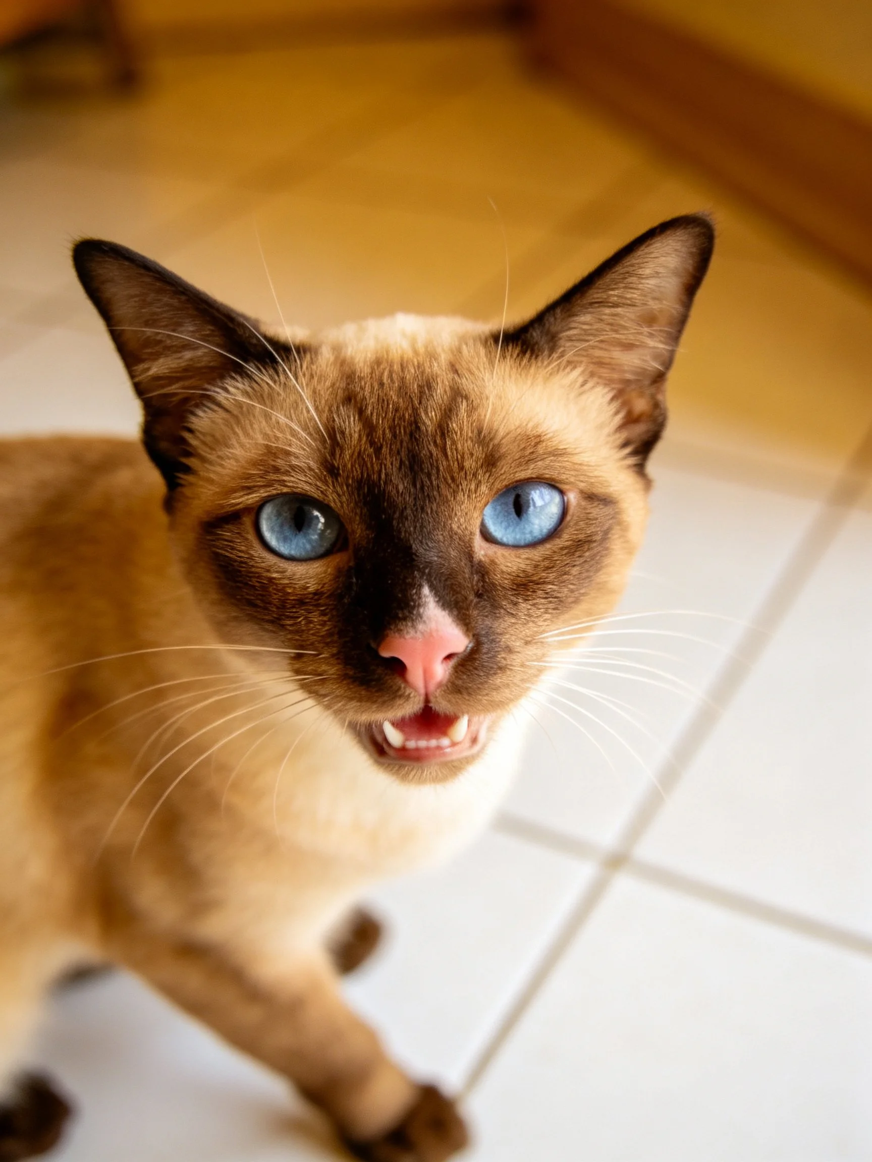 A Siamese cat with striking blue eyes and two-tone fur