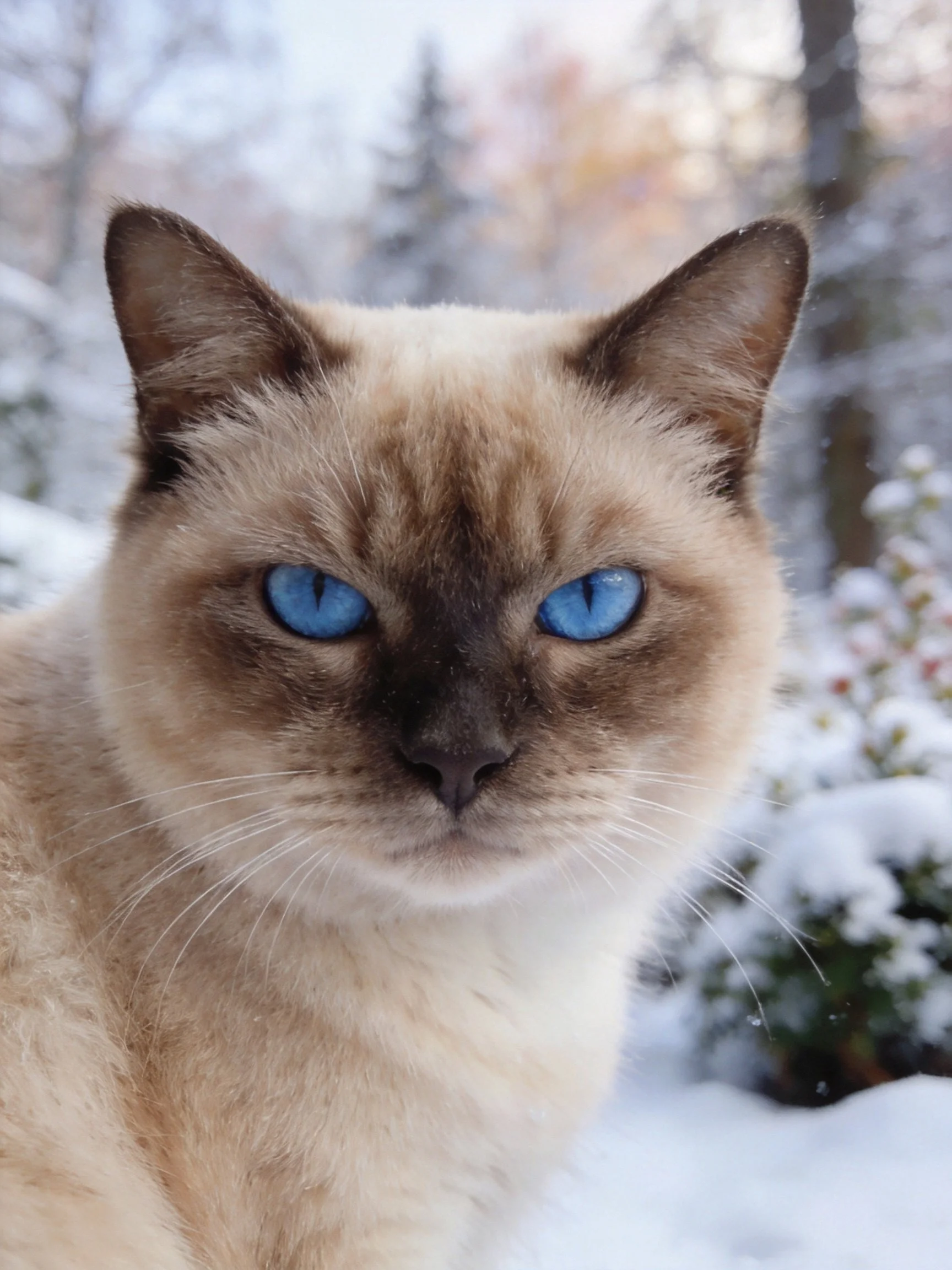 A Siamese cat with striking blue eyes in a wintry forest