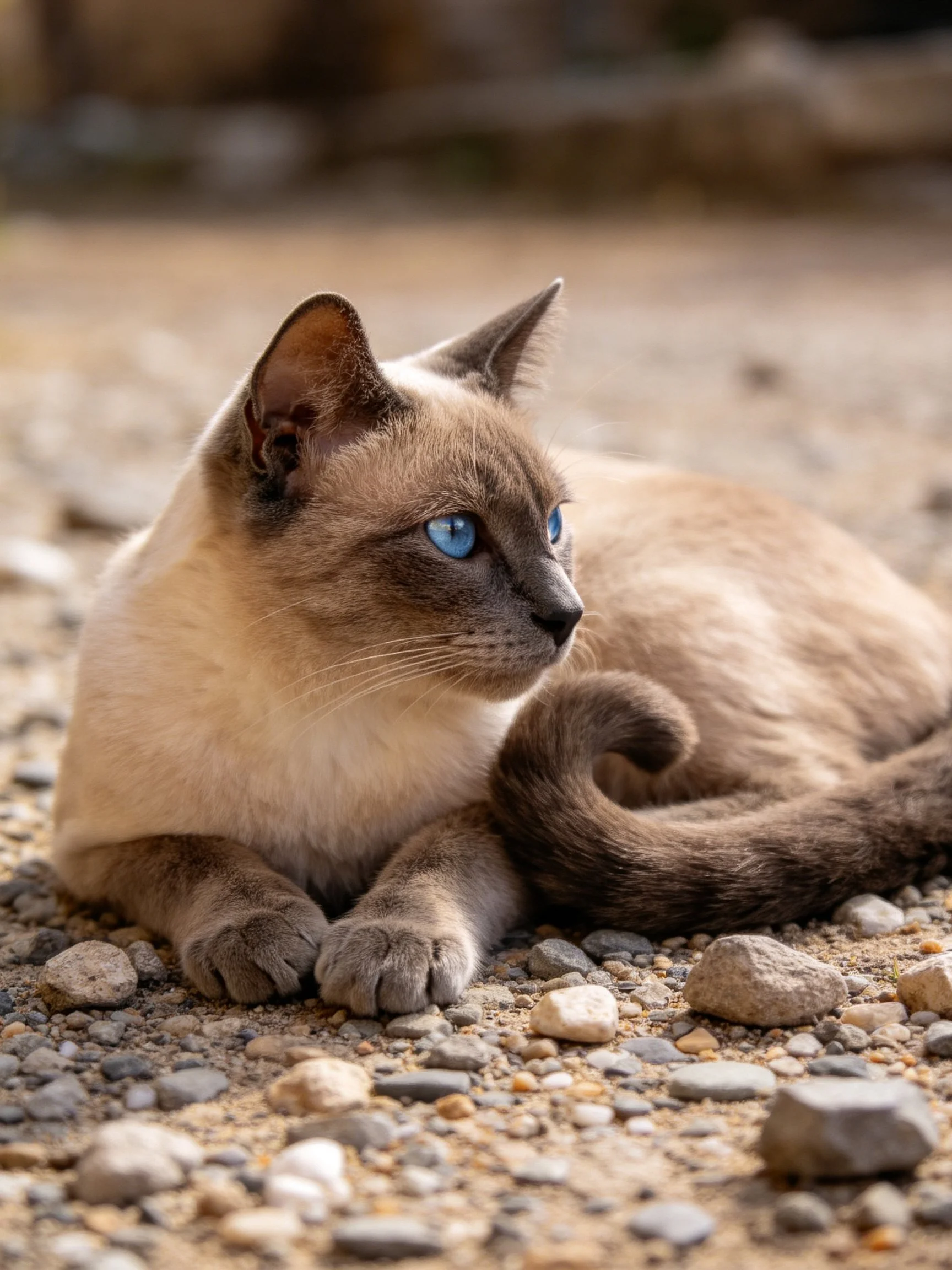 A Siamese cat with striking blue eyes lies on a gravel surface.
