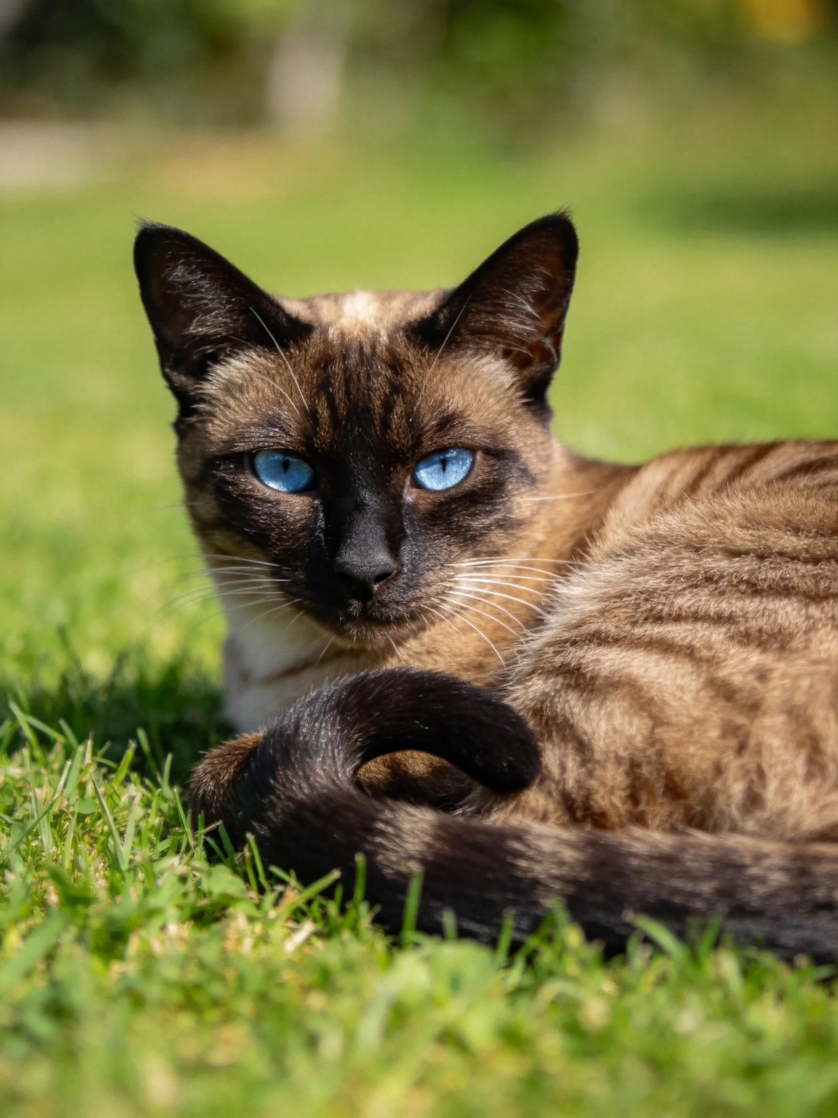 A Siamese cat with striking blue eyes lounging on green grass