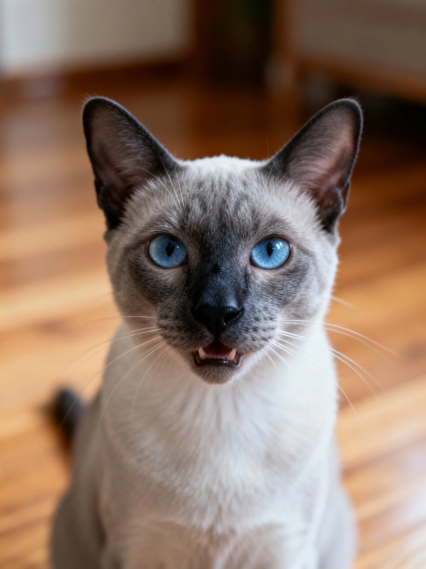 A Siamese cat with striking blue eyes on wooden flooring