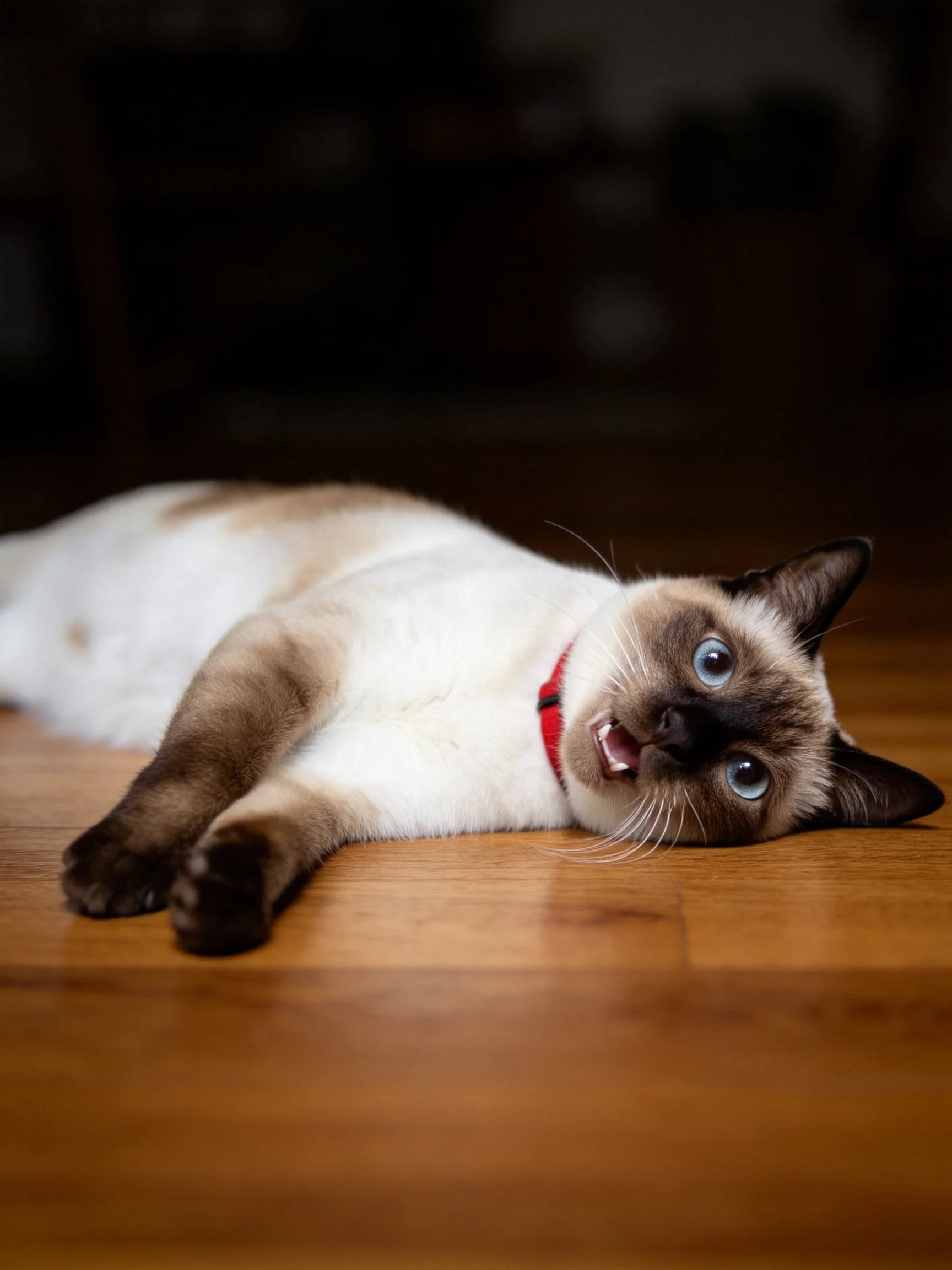 A Siamese cat with striking blue eyes relaxes on a polished wooden floor