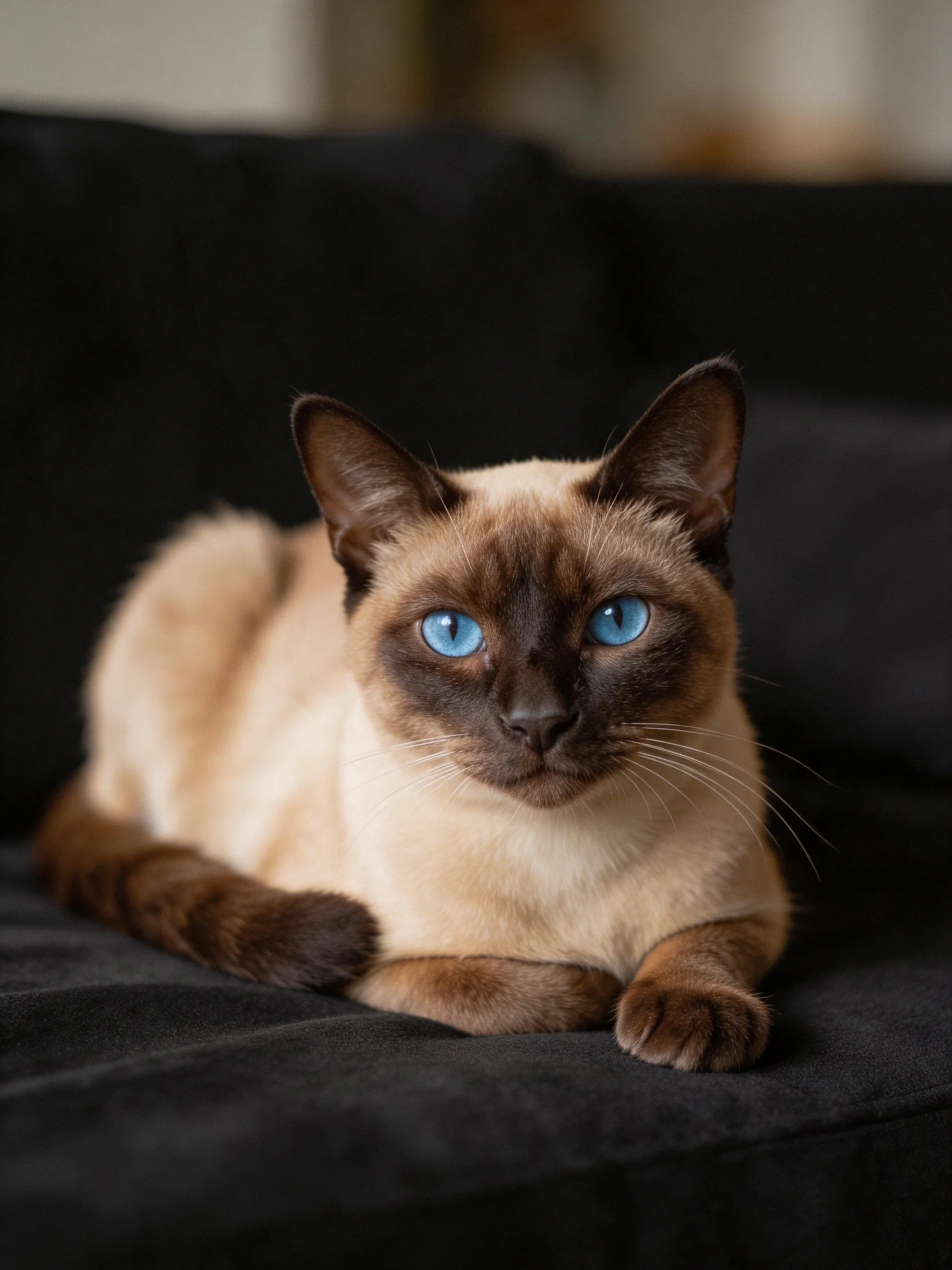 A Siamese cat with striking blue eyes resting on a black fabric surface