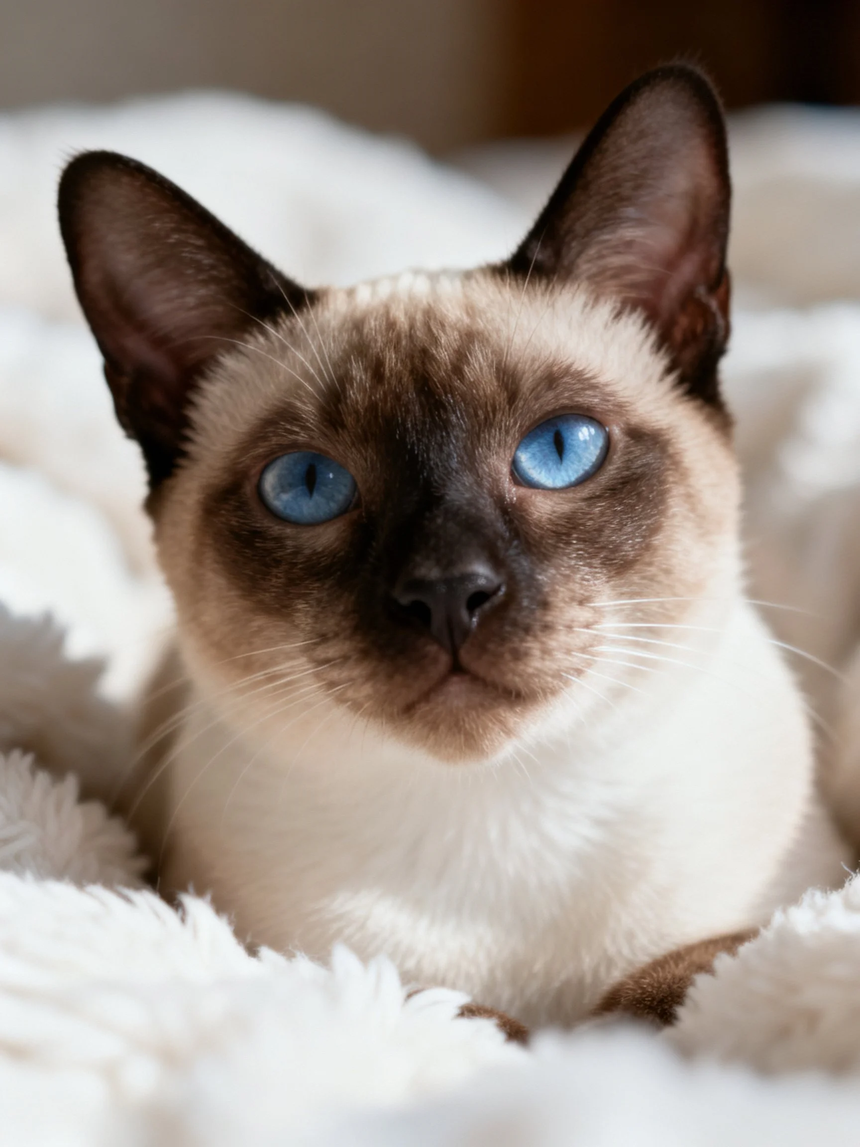 A Siamese cat with striking blue eyes resting on soft white fabric