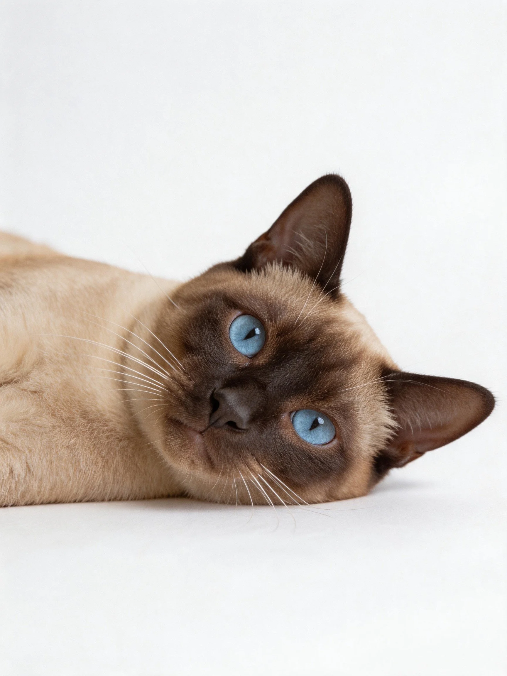 A Siamese cat with striking blue eyes rests on a plain white backdrop