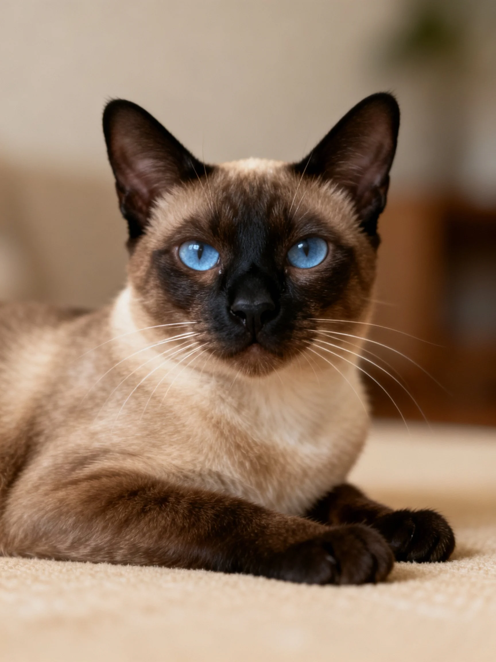 A Siamese cat with bright blue eyes lies calmly on a neutral carpet.