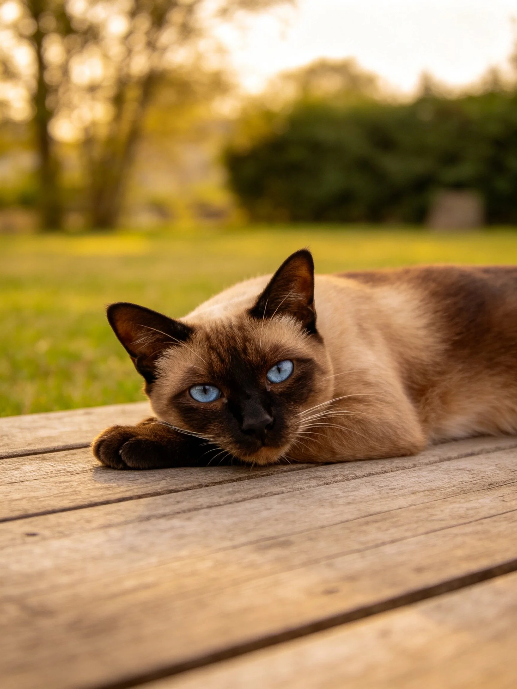 A Siamese cat with striking blue eyes rests on weathered wooden planks