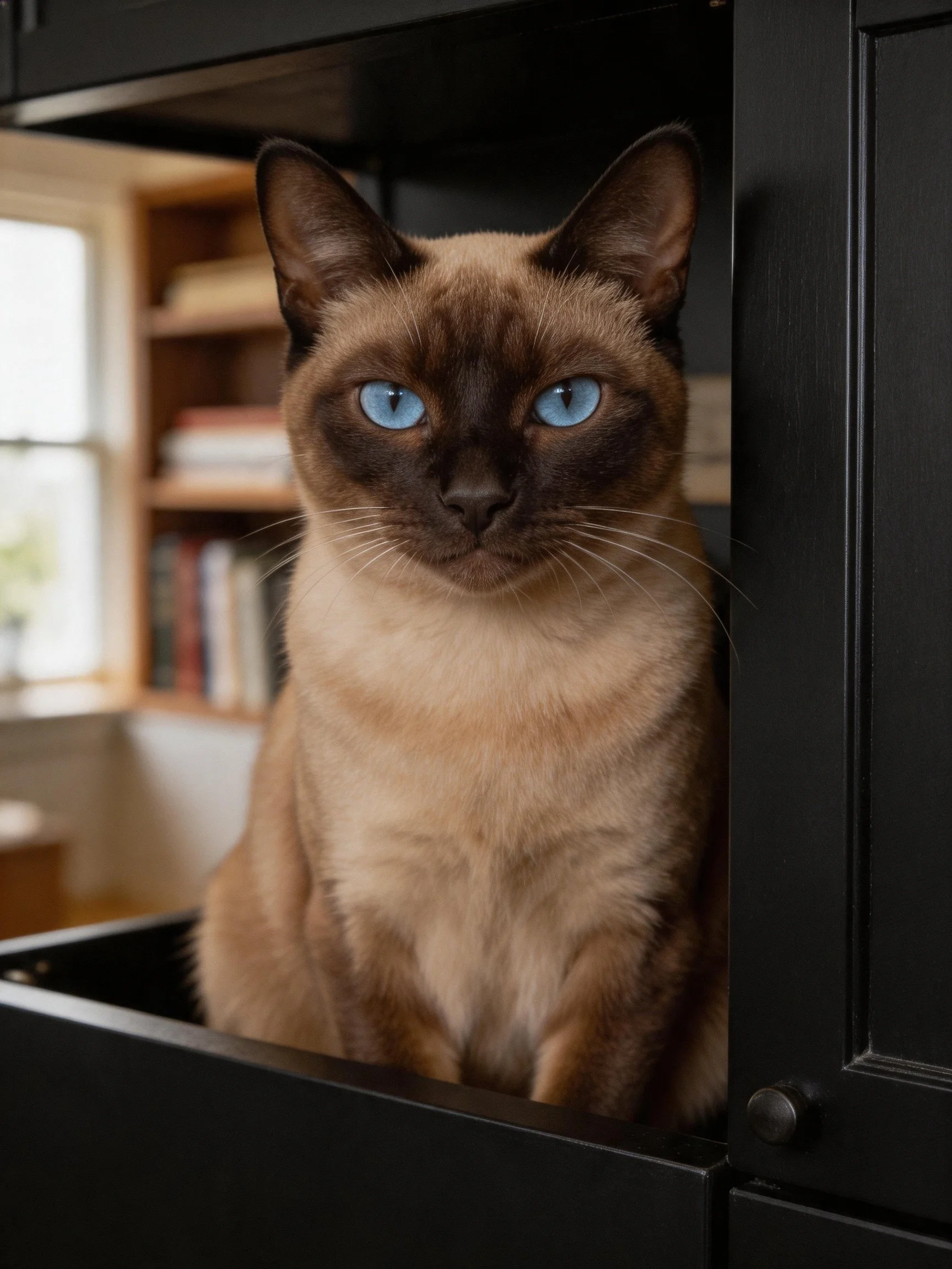 A Siamese cat with striking blue eyes sits in a black cabinet beside wooden bookshelves