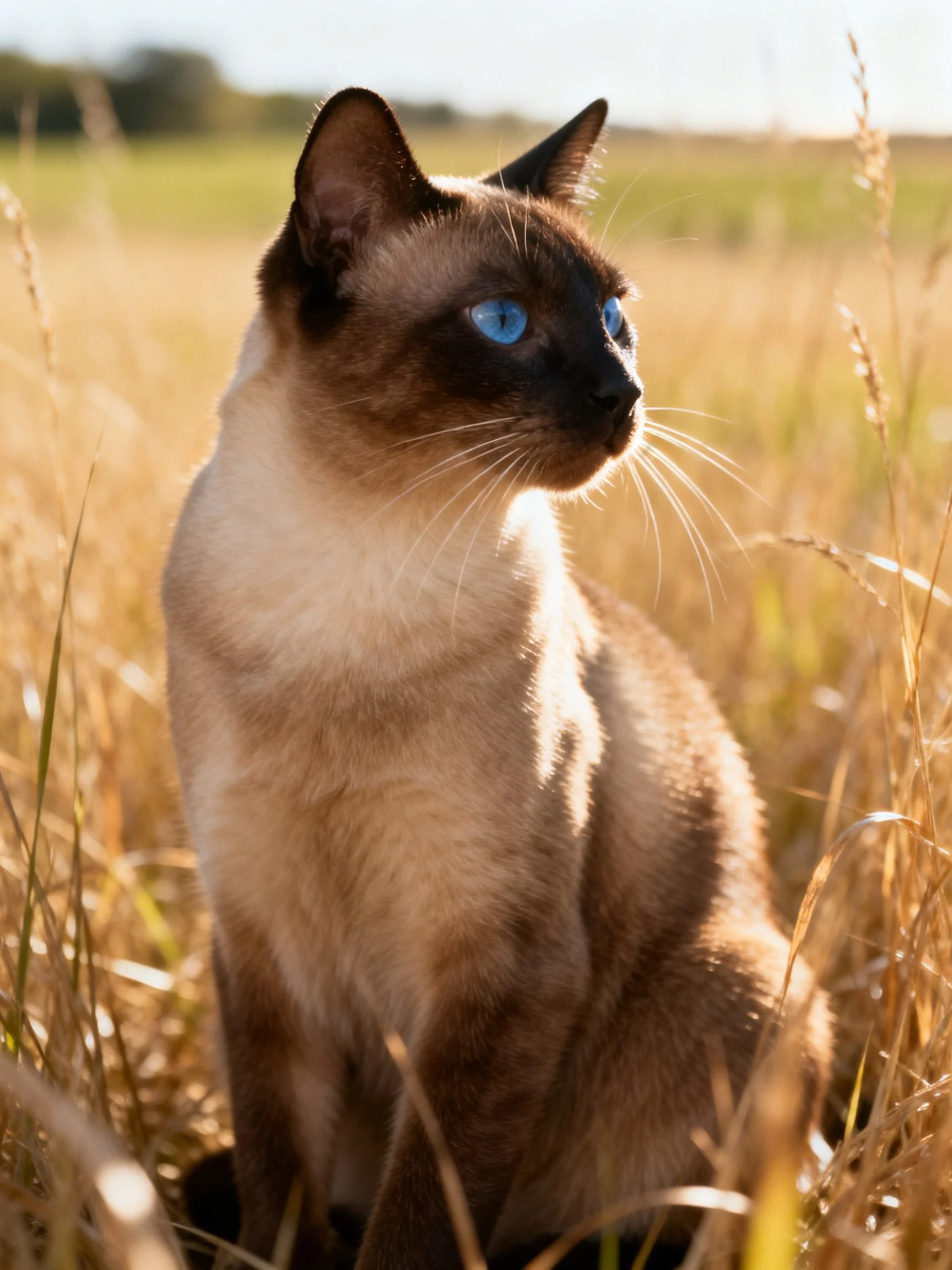 A Siamese cat with bright blue eyes rests among golden grasses.