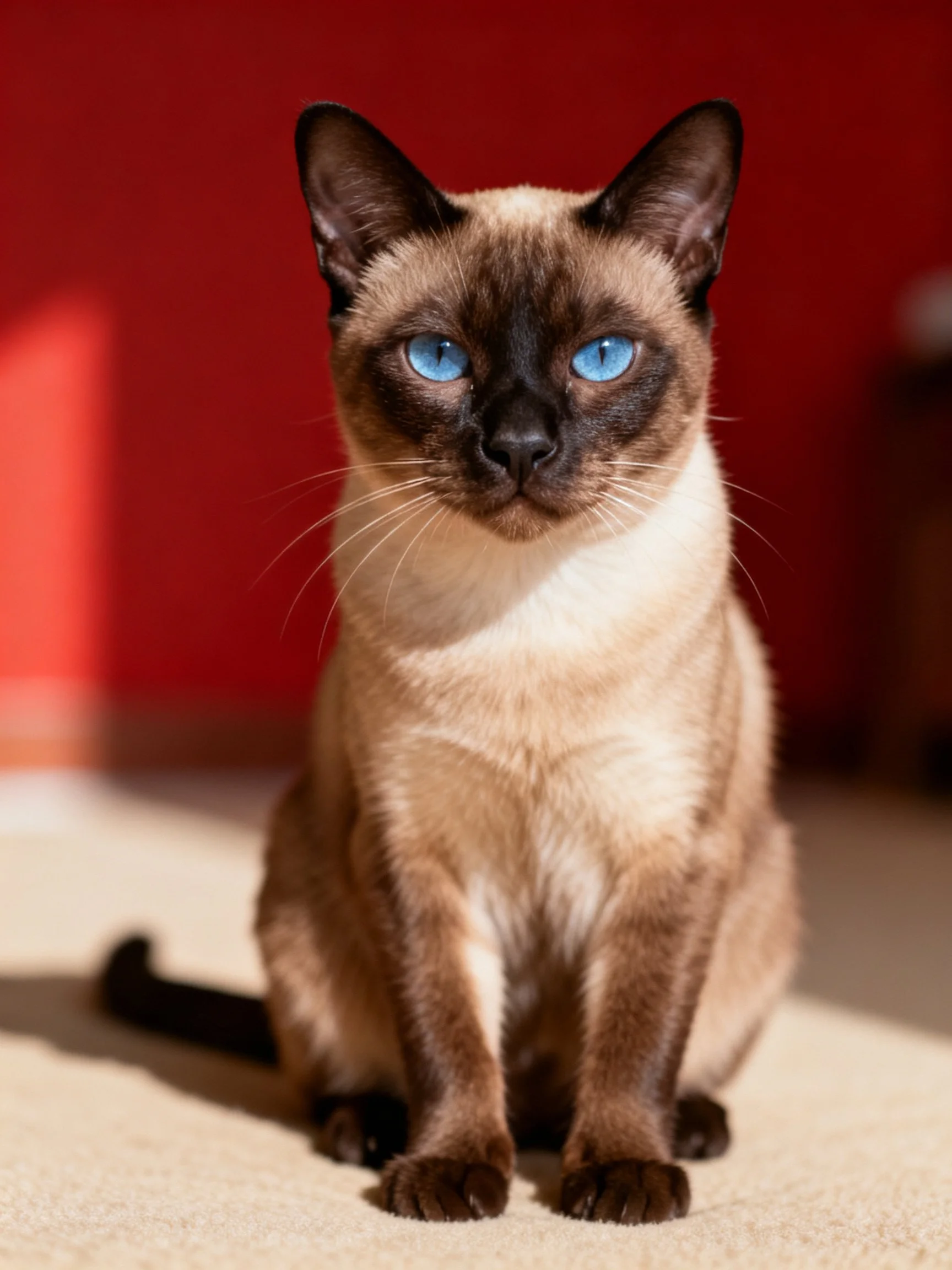 A Siamese cat with striking blue eyes sits near a vibrant red wall