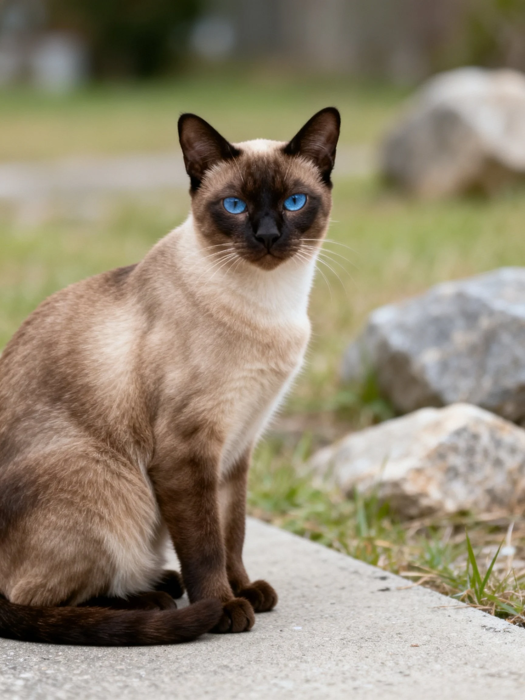 A Siamese cat with striking blue eyes sits near rocks on a concrete path